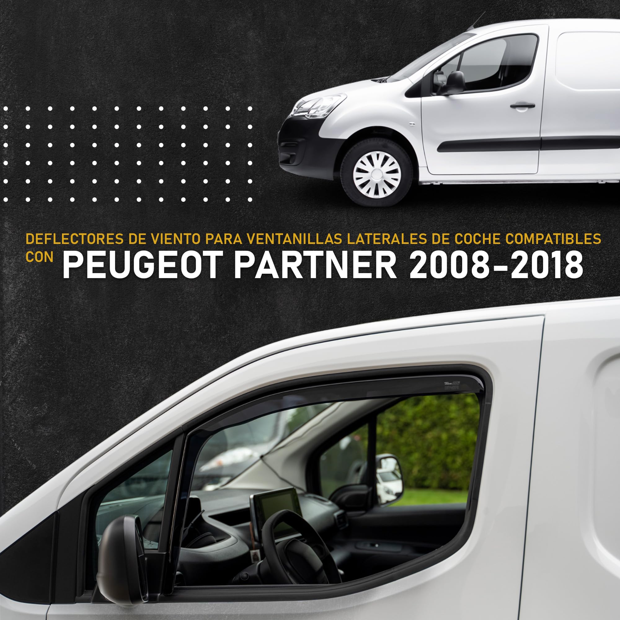 HEKO - Compatible con Peugeot Partner 2008-2018 Deflectores Para Ventanas Laterales; Delanteros; Dos Piezas; Deflectores de Aire Antilluvia, Oscurecidos, Aerodinámicos; Instalación Rápida y Sencilla