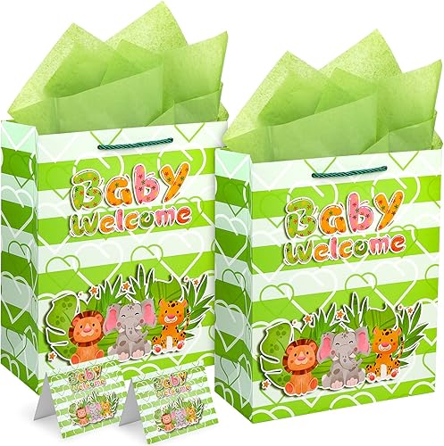 BALDCC Bolsas de regalo grandes de 13 pulgadas para niño y niña, diseño de animales lindos con asas, papeles de seda, sobre y tarjeta para baby