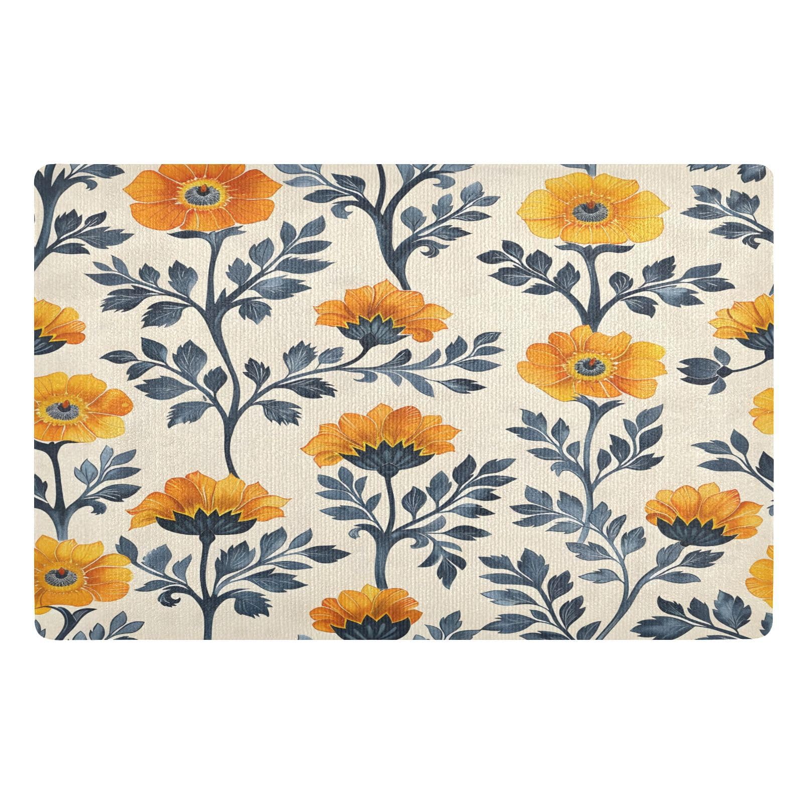 Paillasson fleurs de souci 50x80cm, tapis d'entrée indigo et beige lavable