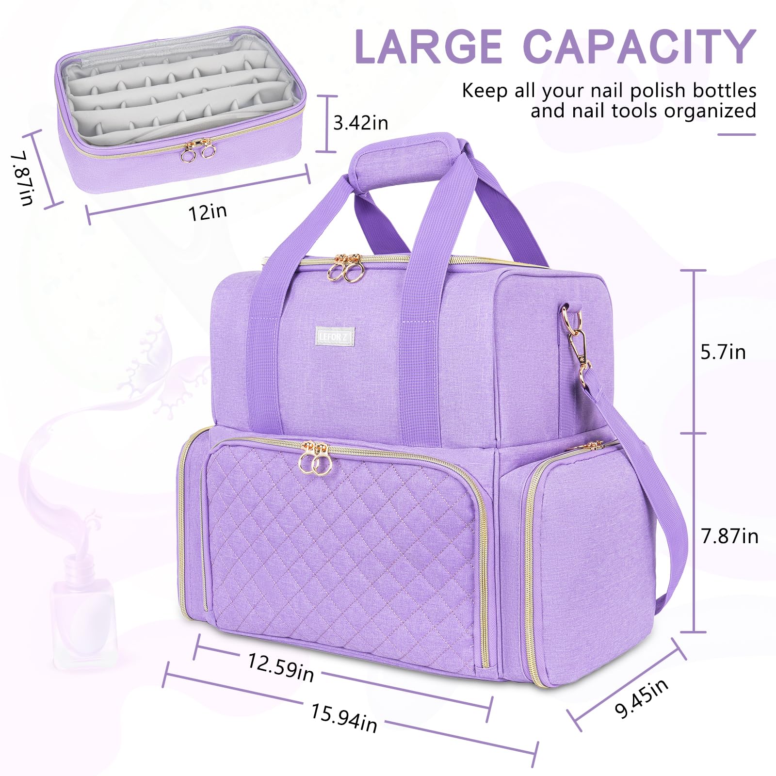 Purple Nail Organiser Case - Double Layer Carrying Bag Holds 80 Bottles - Includes Removable Bags & Nail Lamp - Image 2