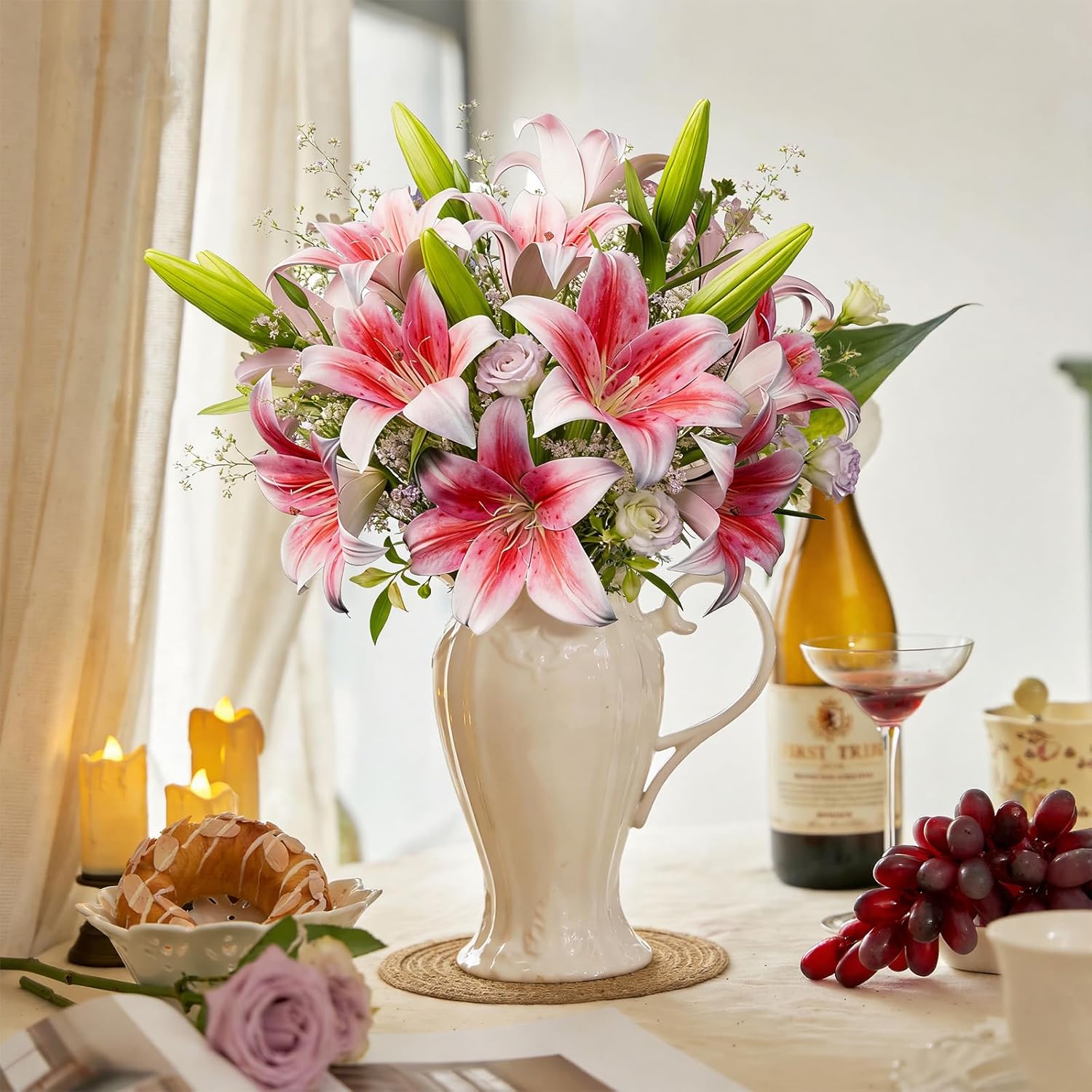 6PCS Artificial Lilies Set with 12 Heads Fully Bloomed Lilies and 6 Buds, Short Stem Real Touch Artificial Flowers for Home Hotel Flower Arrangement Party Decor (Pink)