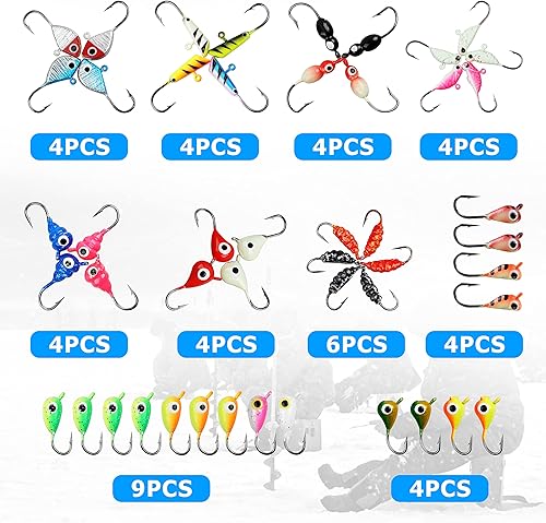 Miniatura 6 de Juego de señuelos de pesca en hielo, 48 piezas de equipo luminoso de pesca en hielo Crappie Panfish Jigs Head Fishing Hooks Set para invierno Ice