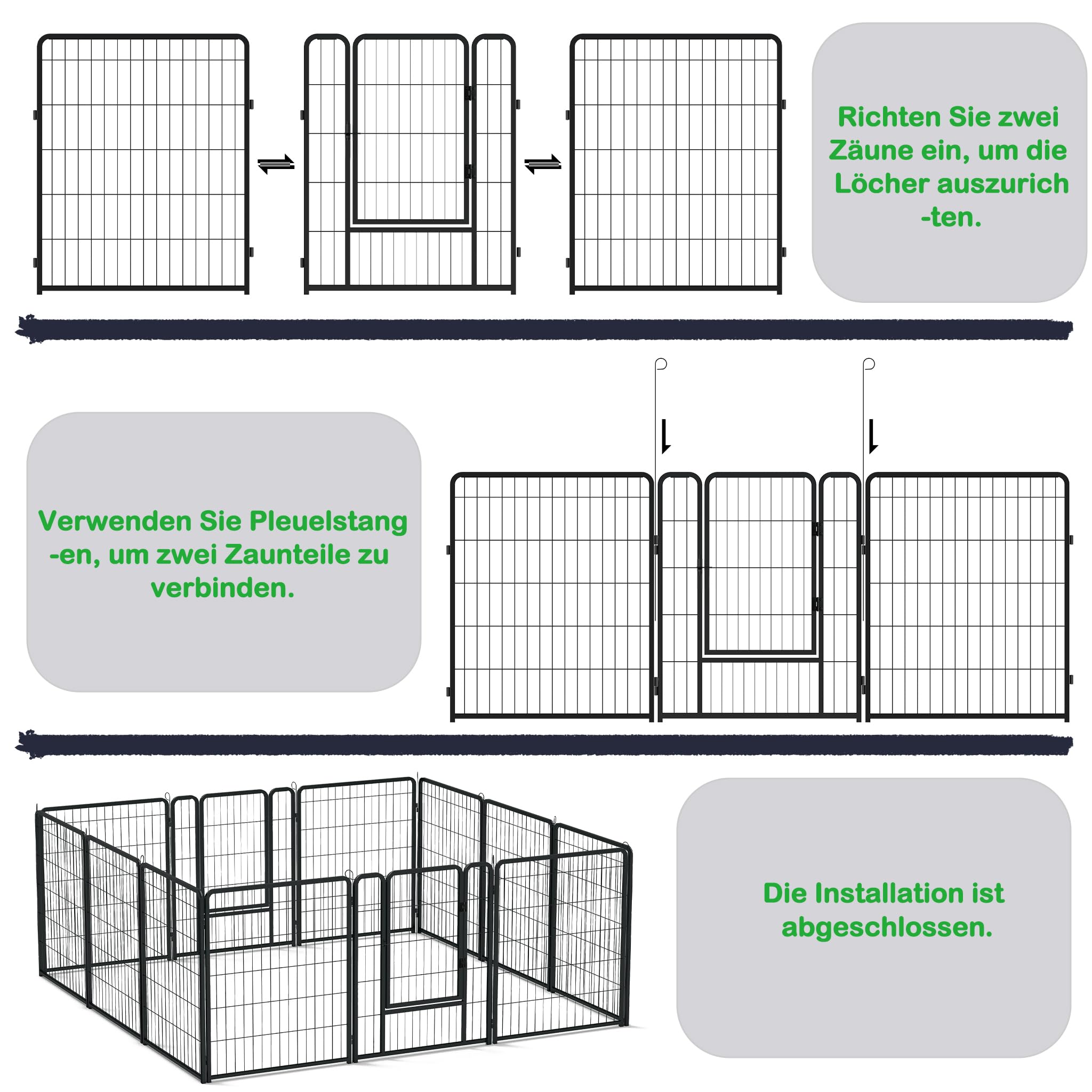 XMTECH Parque para cachorros de 12 piezas con 2 puertas y 11 anclajes, flexible y plegable, para casa y jardín, 80 cm de alto
