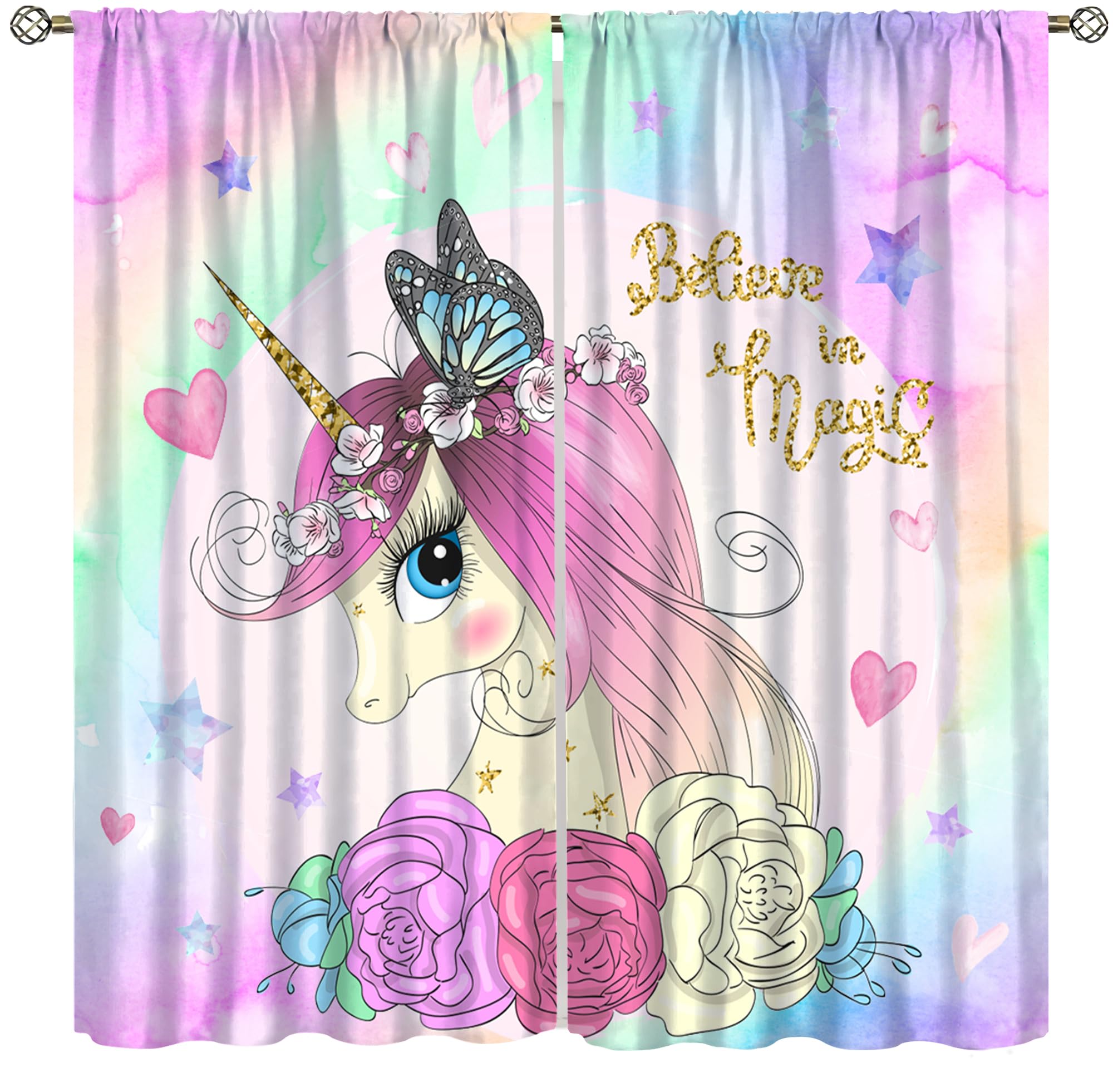 ShiTingYu Girls Watercolor Unicorn Curtains Colorful Clouds Dream Rainbow Cartoon Window Drapes Girls Bedroom Shading Curtains Printed for Kids