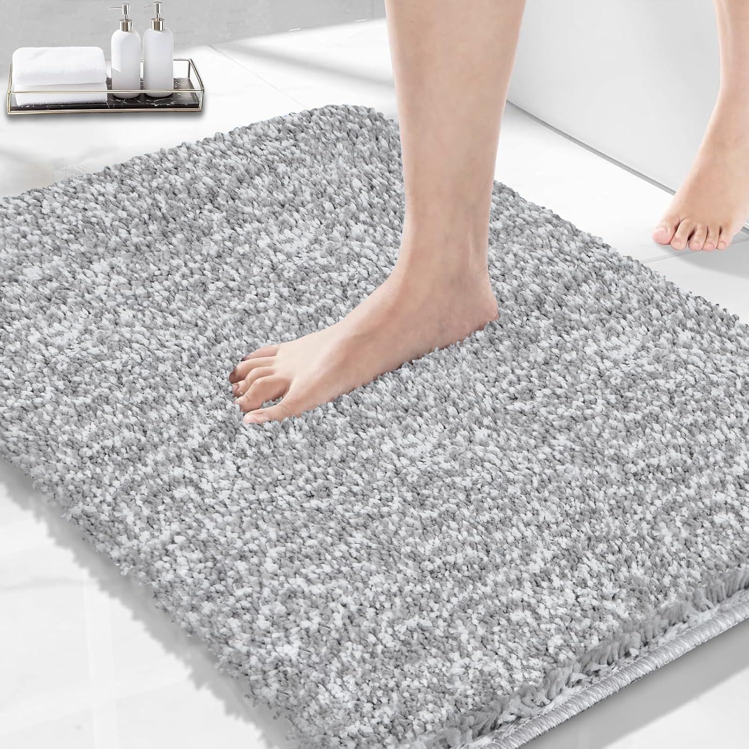 Gray and White Bathroom Rugs Mat 23.6"x16.9", Extra Soft Absorbent Thick Shaggy Bath Mat, Non Slip Quick Dry Bath Mat, Machine Washable bath rugs for bathroom, Microfiber Rugs for Shower Bathtubs Gray and White 23.6"x16.9"