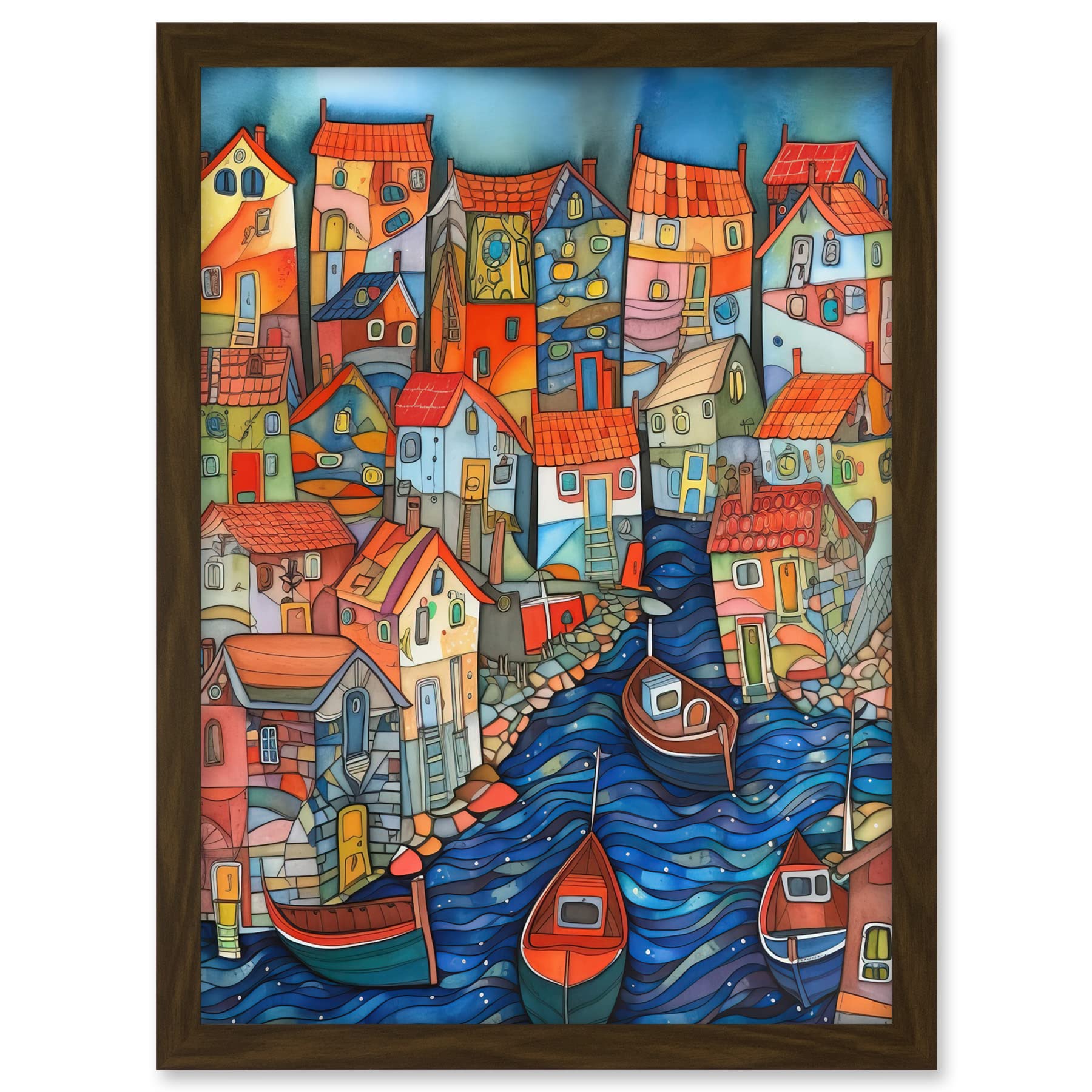 Artery8 Fishing Village Canal Folk Art Watercolour Painting Artwork Framed A3 Wall Art Print