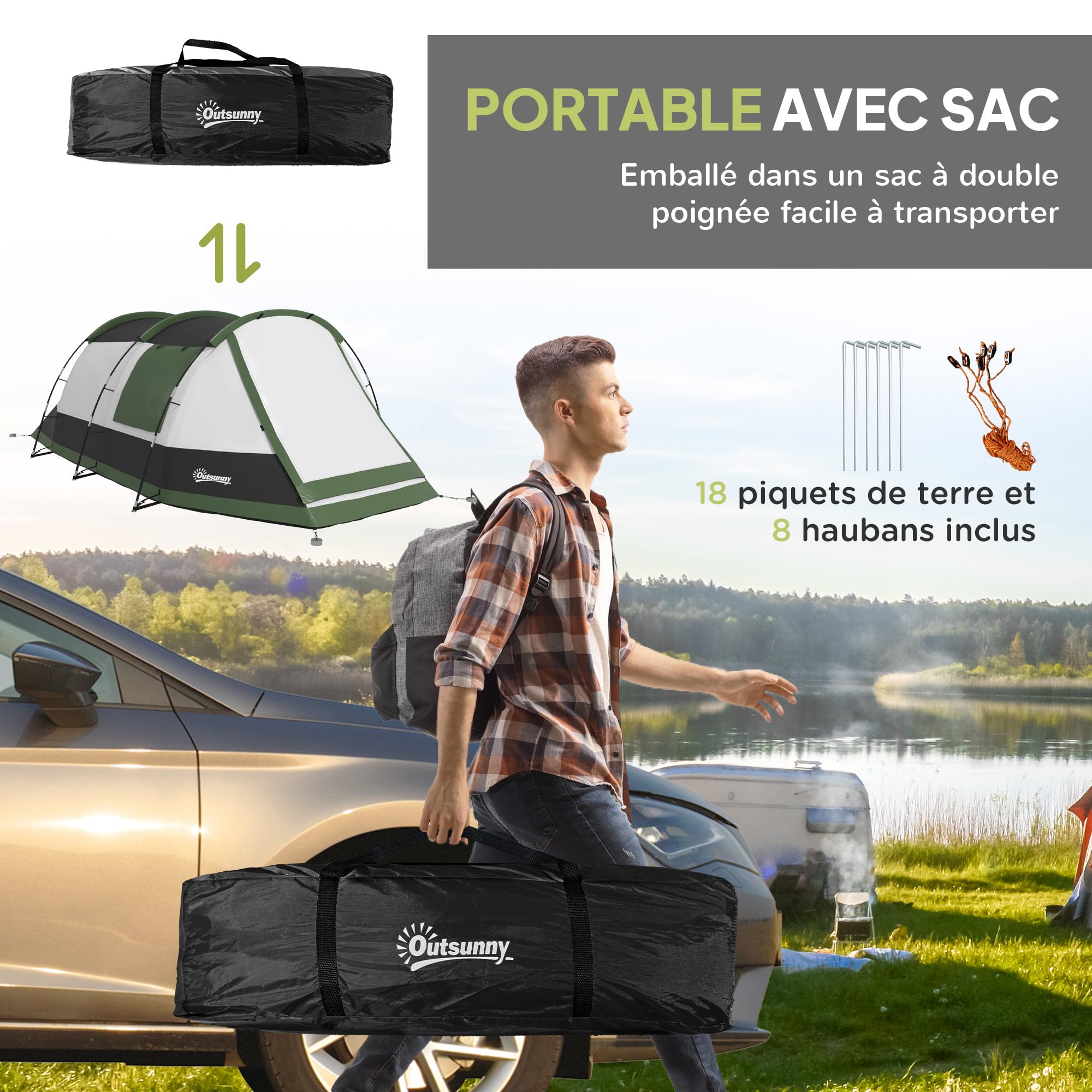 Outsunny Tente de Camping familiale 3-4 Personnes légère et ventilée, Tente Tunnel avec Porche étanche 3000 mm, Montage Facile, Sac de Transport Inclus, Gris