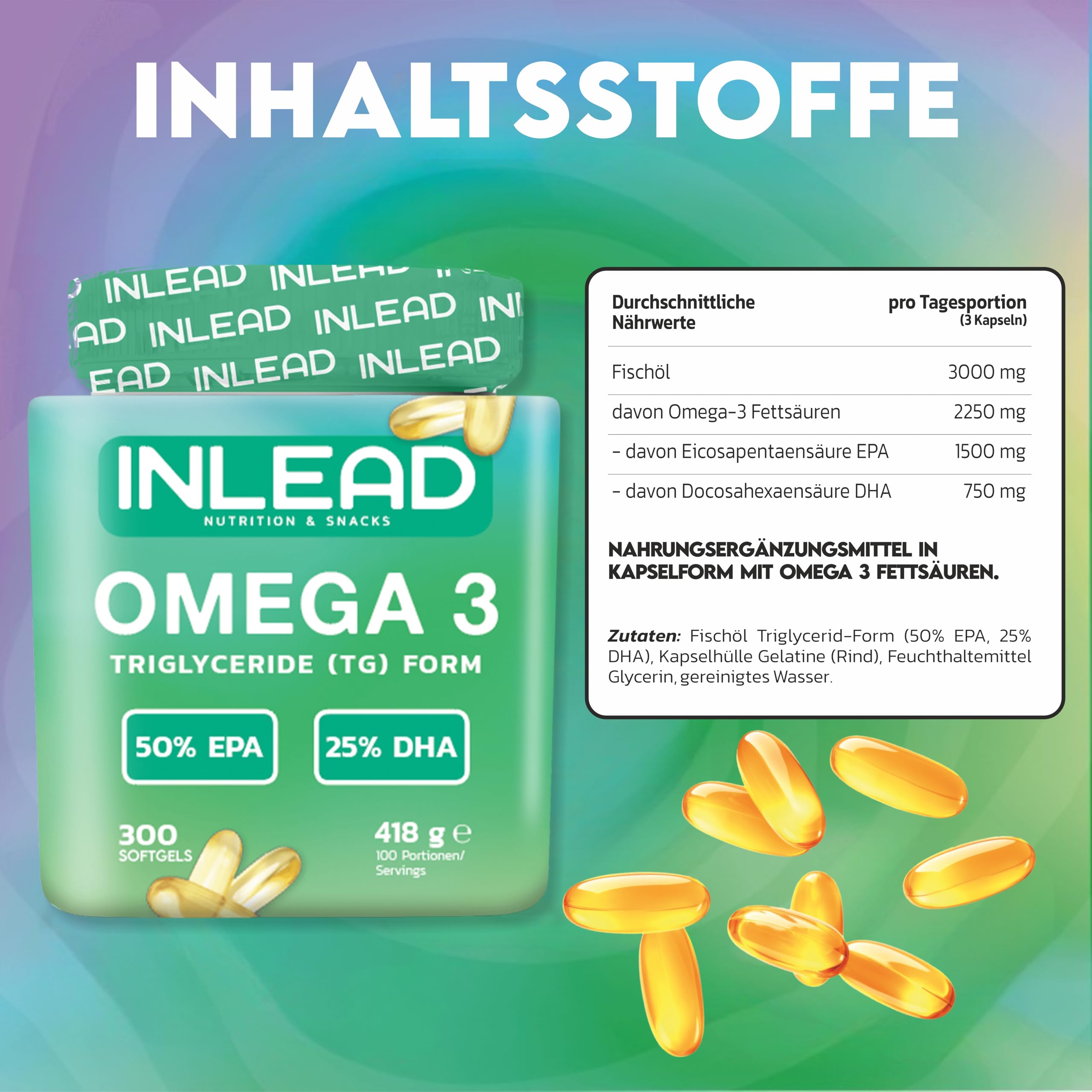 INLEAD - Omega-3 Triglyceride | 1000mg Omega-3-Fettsäuren pro Kapsel | hochdosiertes EPA und DHA in Triglycerid-Form | Unterstützung für Herz, Gehirn und Gelenke (300 Softgel Kapseln)