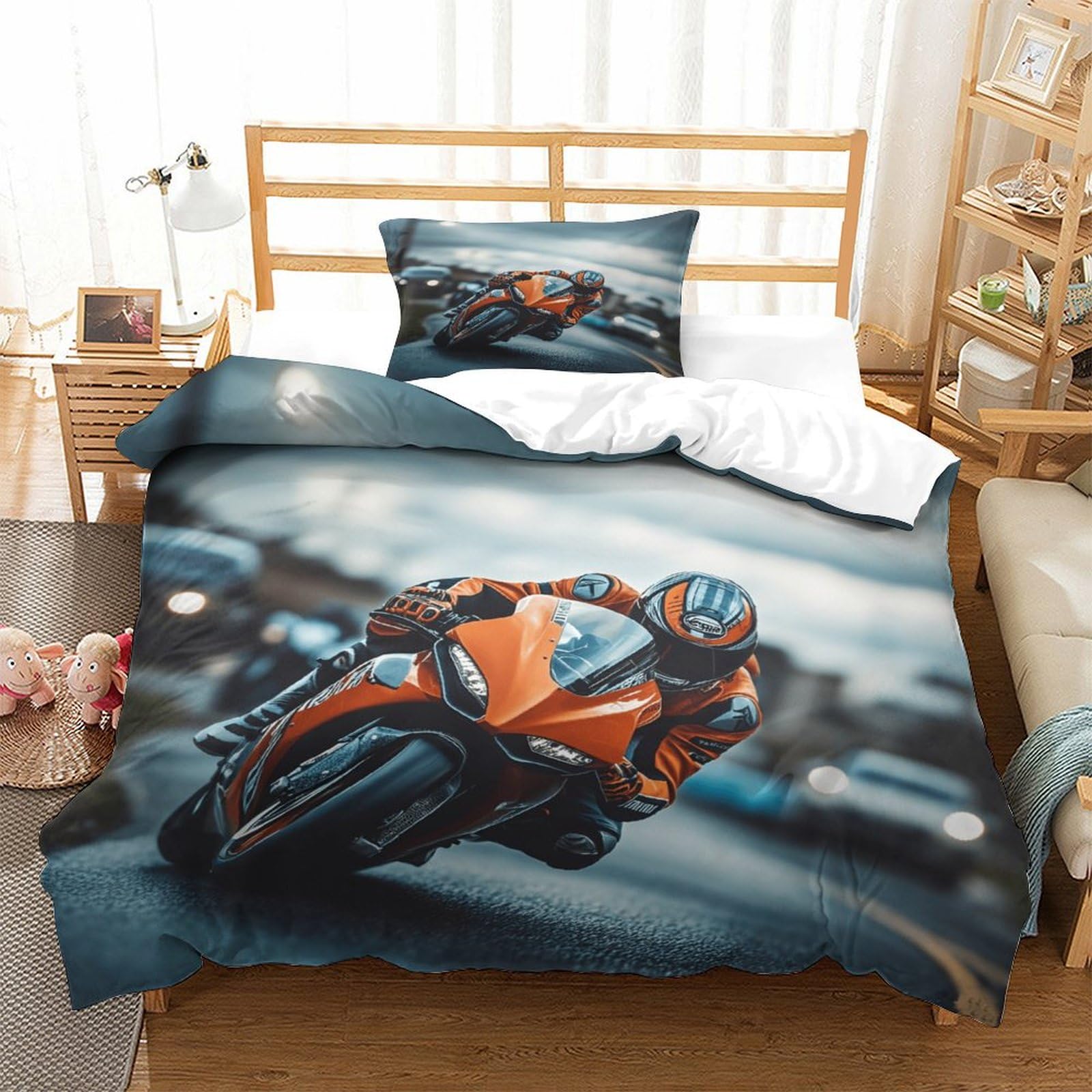 DAFUfbw Moto Racing Warmth to Sleep Quilt Cover Set Hidden Zipper Motorcycle Duvet Cover Set with Pillowcases Bedding Set Soft Microfiber Luxury Comforter Cover Single（135x200cm）