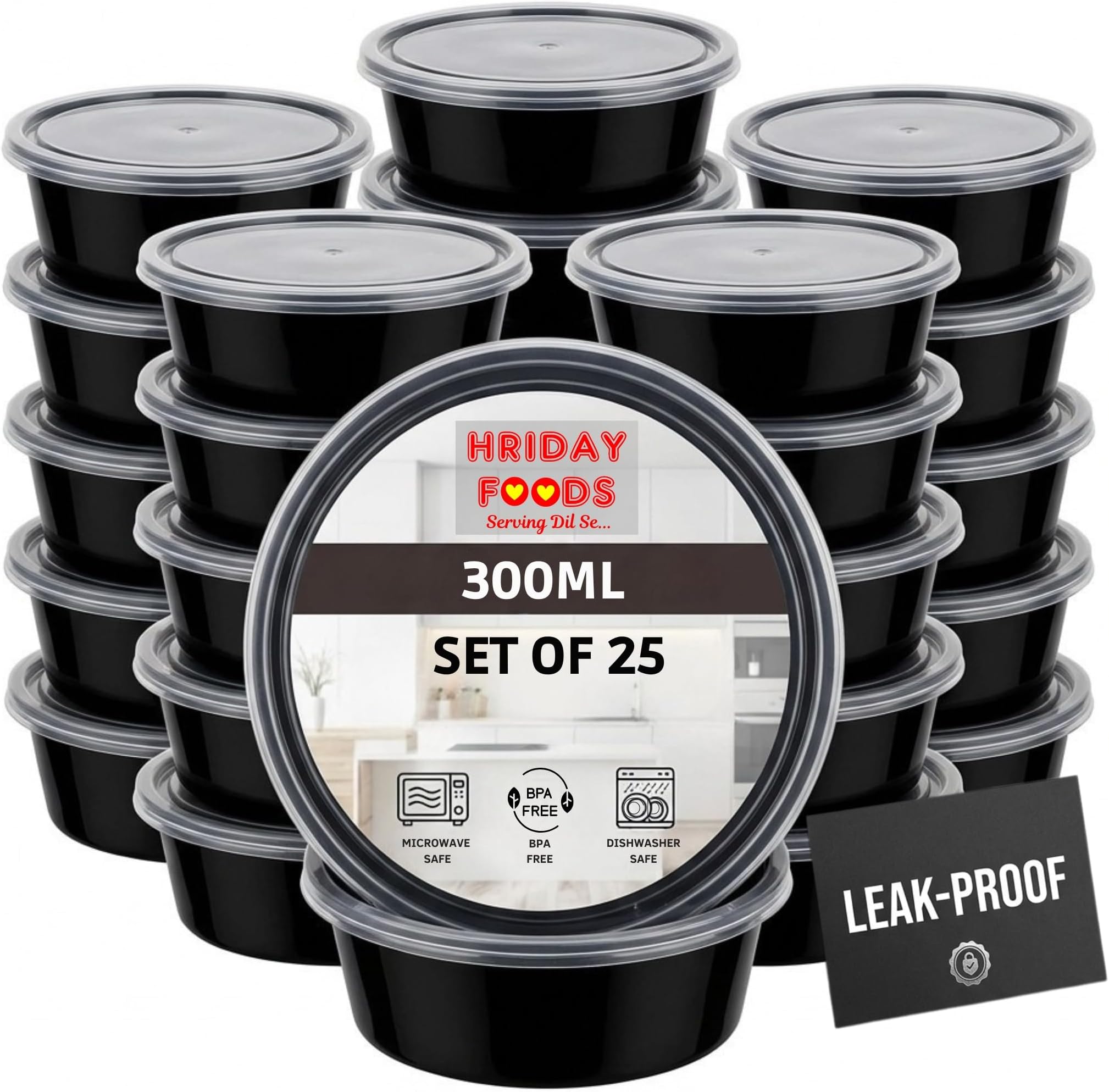 Hriday Foods 300ml Round Food Containers with Lids โ Set of 25 | Airtight Reusable Plastic Containers | Microwave Safe | For Meal Prep, Food Delivery, Kitchen & Fridge Storage (Black)
