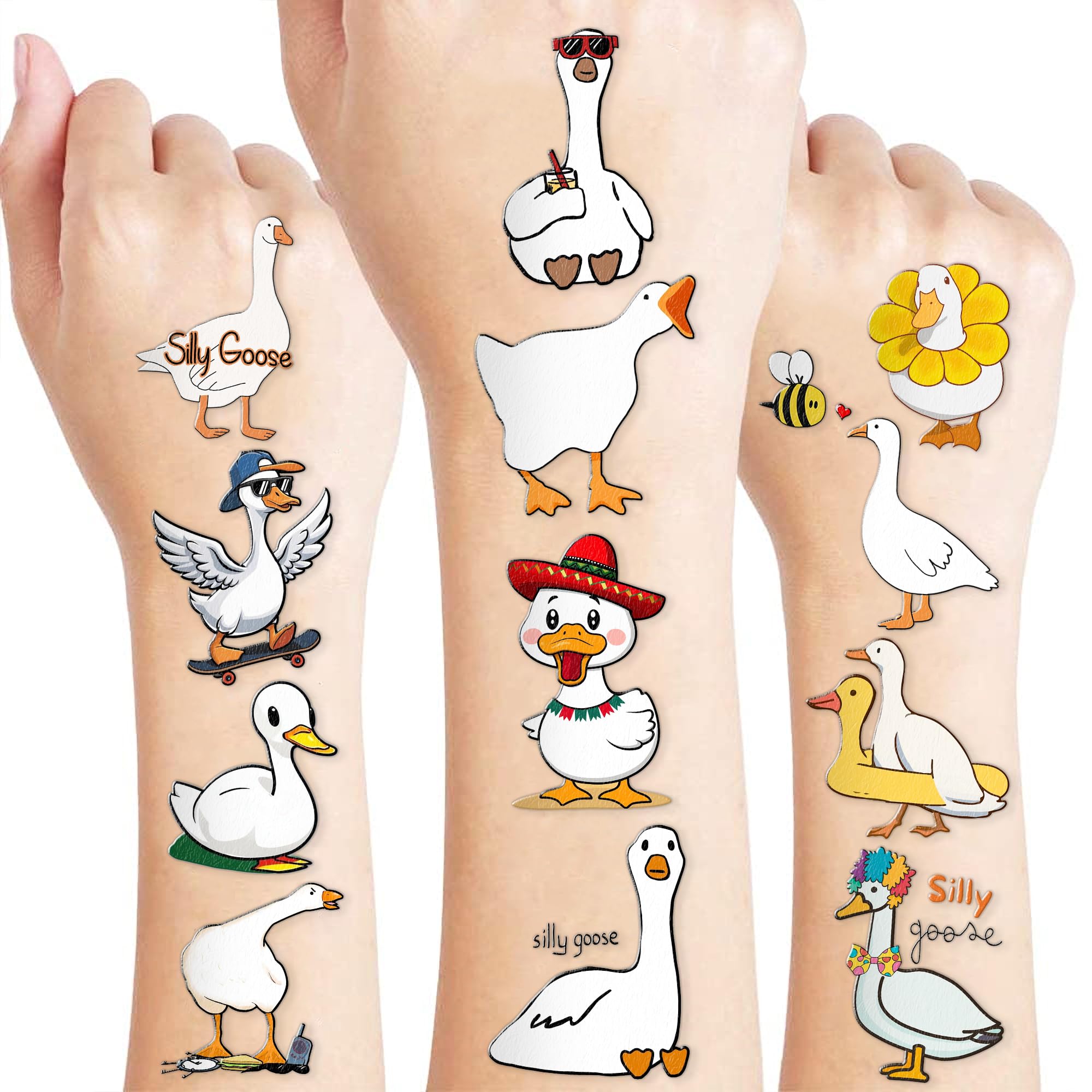 Silly Goose Temporary Tattoos 10 Sheets 100PCS Duck Party Decorations Supplies Favors Geese Hunting Theme Birthday Cute Stickers Christmas Gifts for