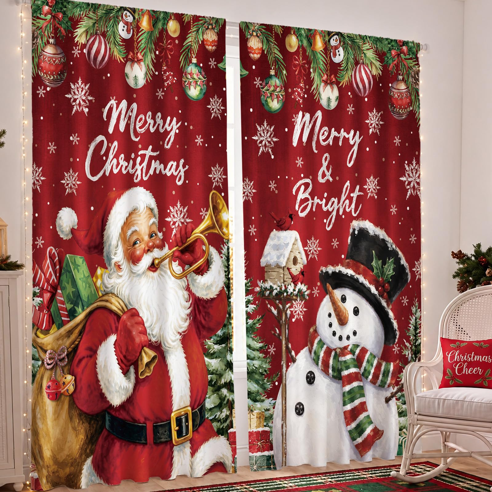 SmoothNovelty 2 Pcs Christmas Curtains for Living Room Santa Claus Snowman