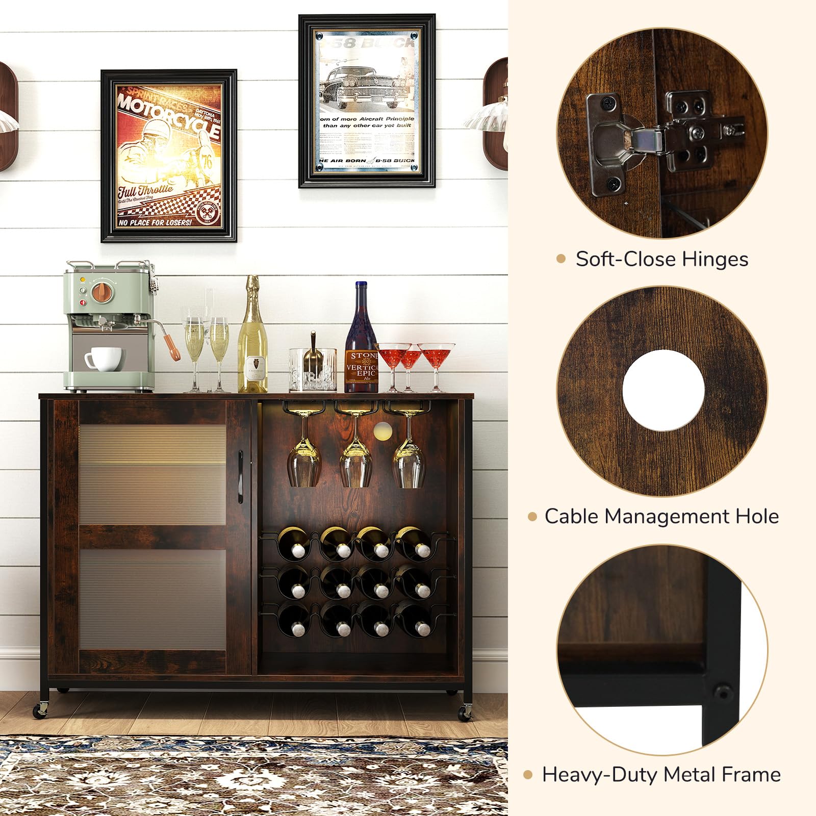 FANTASK Barschrank, Weinschrank mit LED-Beleuchtung, Rollen, verstellbaren Regalen, Glashalter Flaschenhalter, Sideboard Küchenschrank industriell für Esszimmer Wohnzimmer