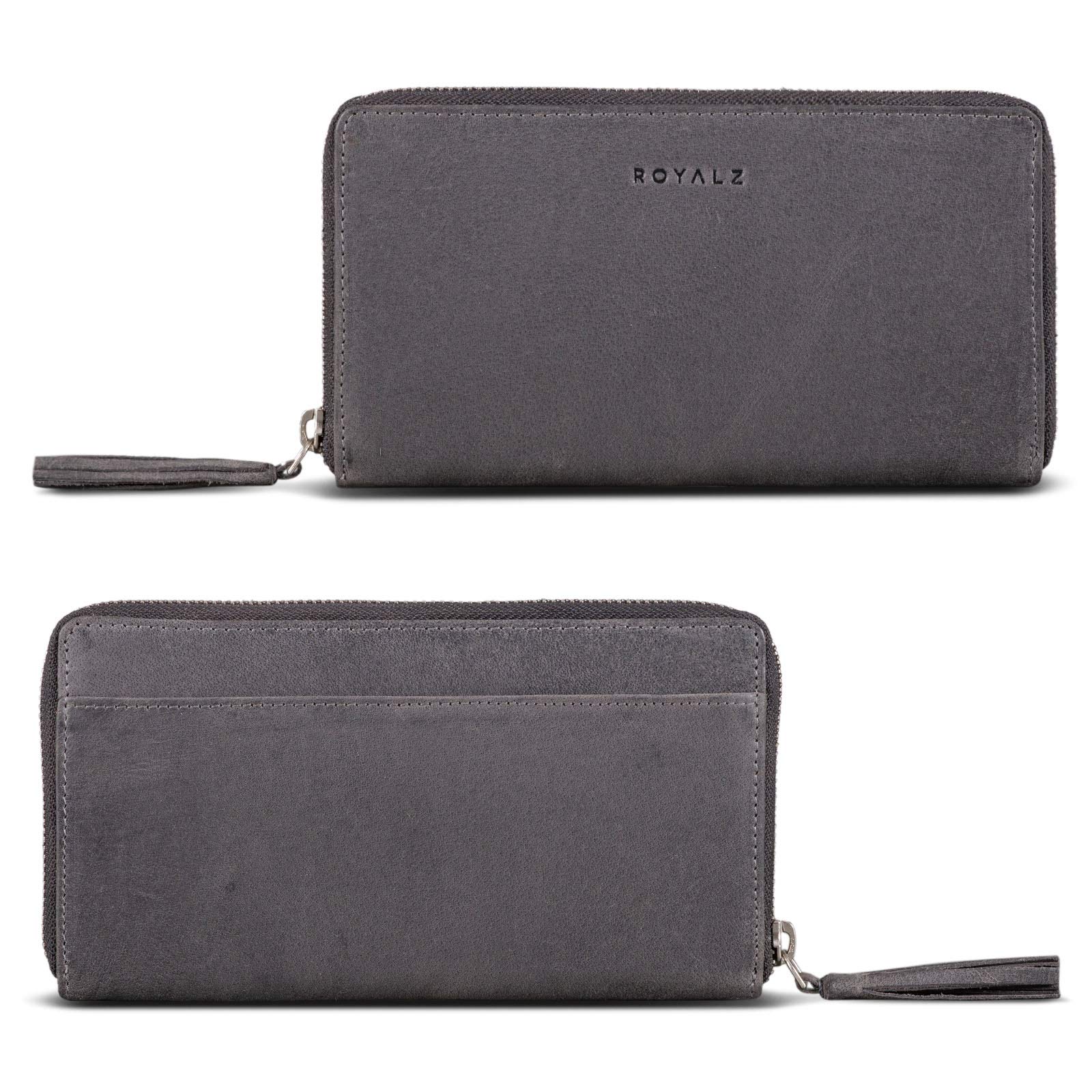 ROYALZ 'Helena' Vintage Leder Portemonnaie Damen groß Reißverschluss viele Fächer Geldbörse Damen RFID Schutz Geldbeutel Frauen Leder, Farbe:Navy Grau