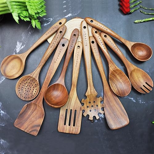 Miniatura 3 de 10 piezas de cucharas de madera para cocinar, juego de utensilios de cocina de madera de teca, espátulas para utensilios de cocina