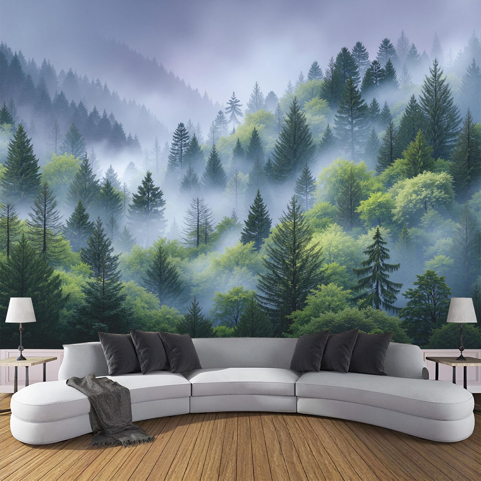Forêt de pins brumeuse papier peint panoramique salon et chambre 250x175