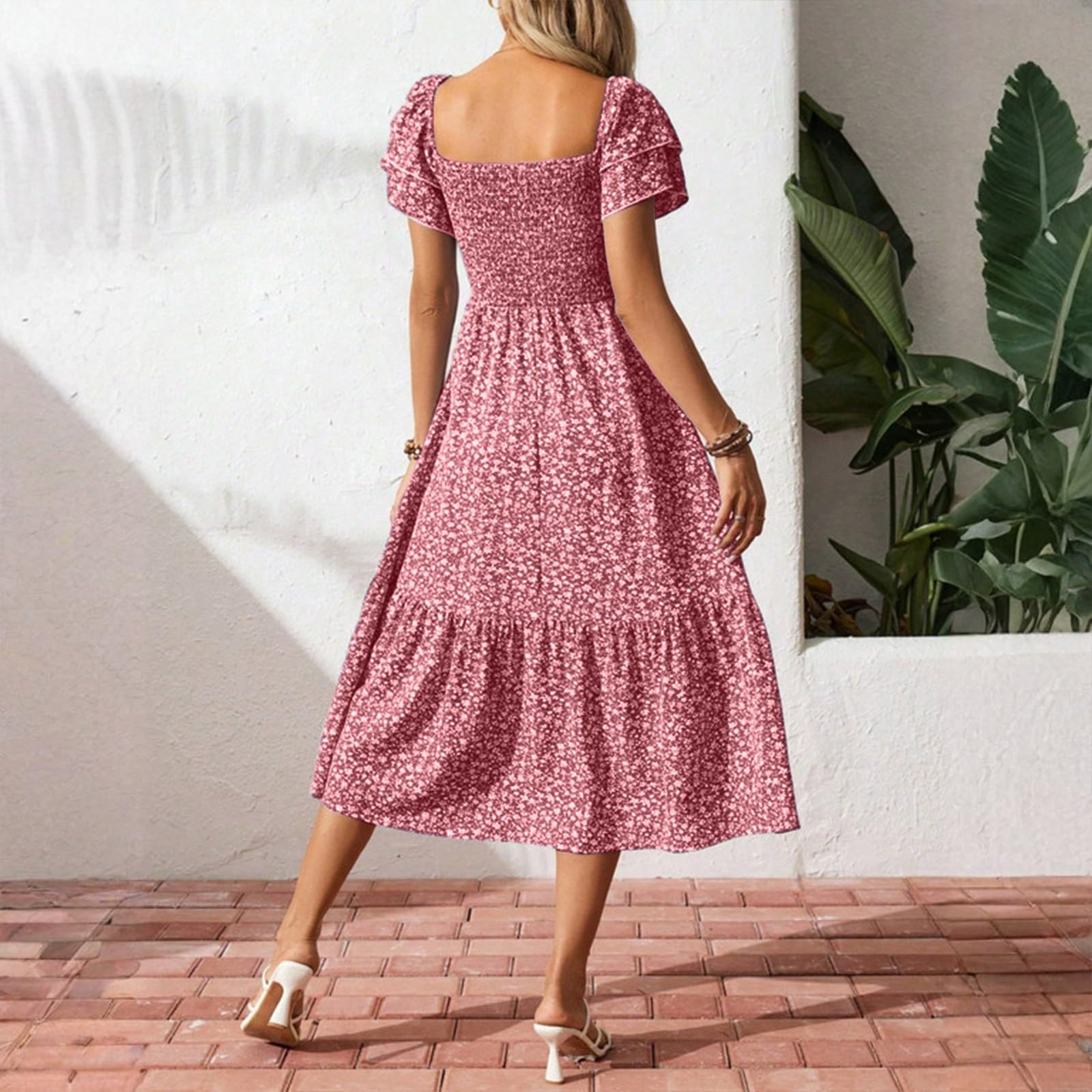Damen Blumenkleid Elegant Lang Gesmoktes Kleid Midi A Linie Rüschen Italienische Kleider Sommer Geblümt Sommerkleid Leicht Und Luftig Midikleid Volant Schwingen Sommerkleider Frauen Corset