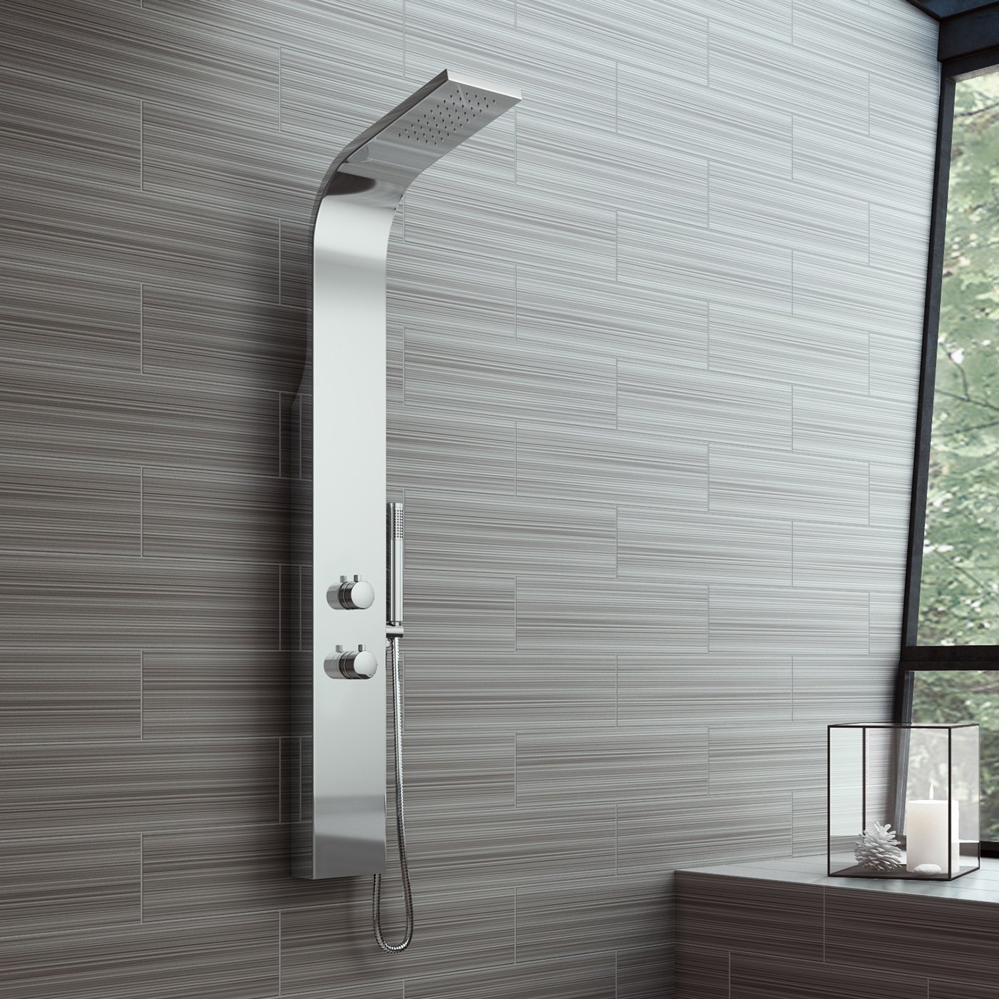 Stainless Steel Thermostatic Mixer Shower Panel Set Brass Valve Rainfall Head + Handset SHP03RDSS
