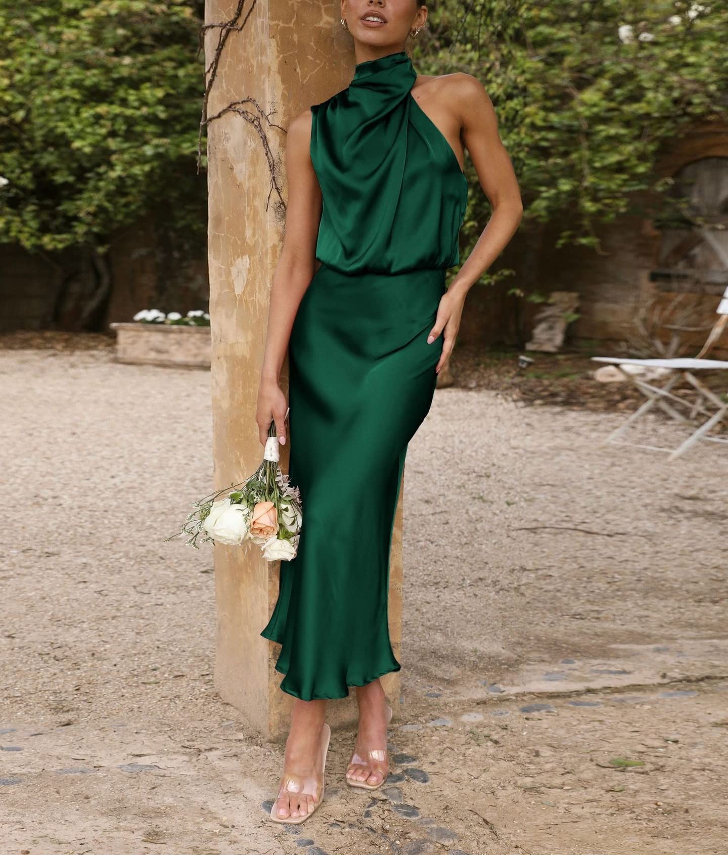 white christmas dresses Dark Green Satin A-line Spaghetti Straps Long Prom Dresses With Split, MP629