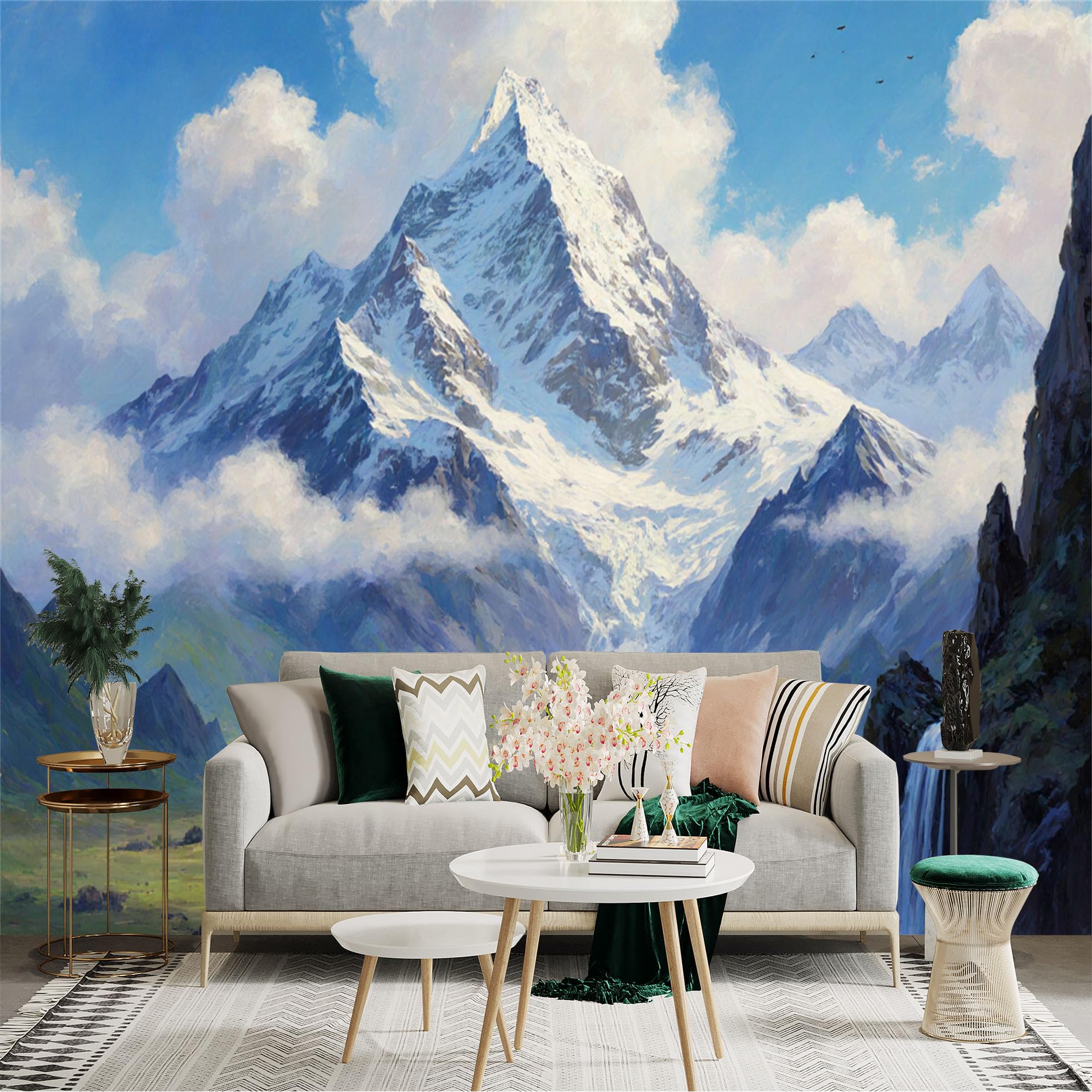 Lnzczhyre Xc260505156 Custom Size Wall Sticker Mural， Majestic Snowy Mountain Peaks， Scenic Valley Landscape， Flowing River And Waterfall， Nature Art， For Wall Decoration， Peelandstick Wall Decals.
