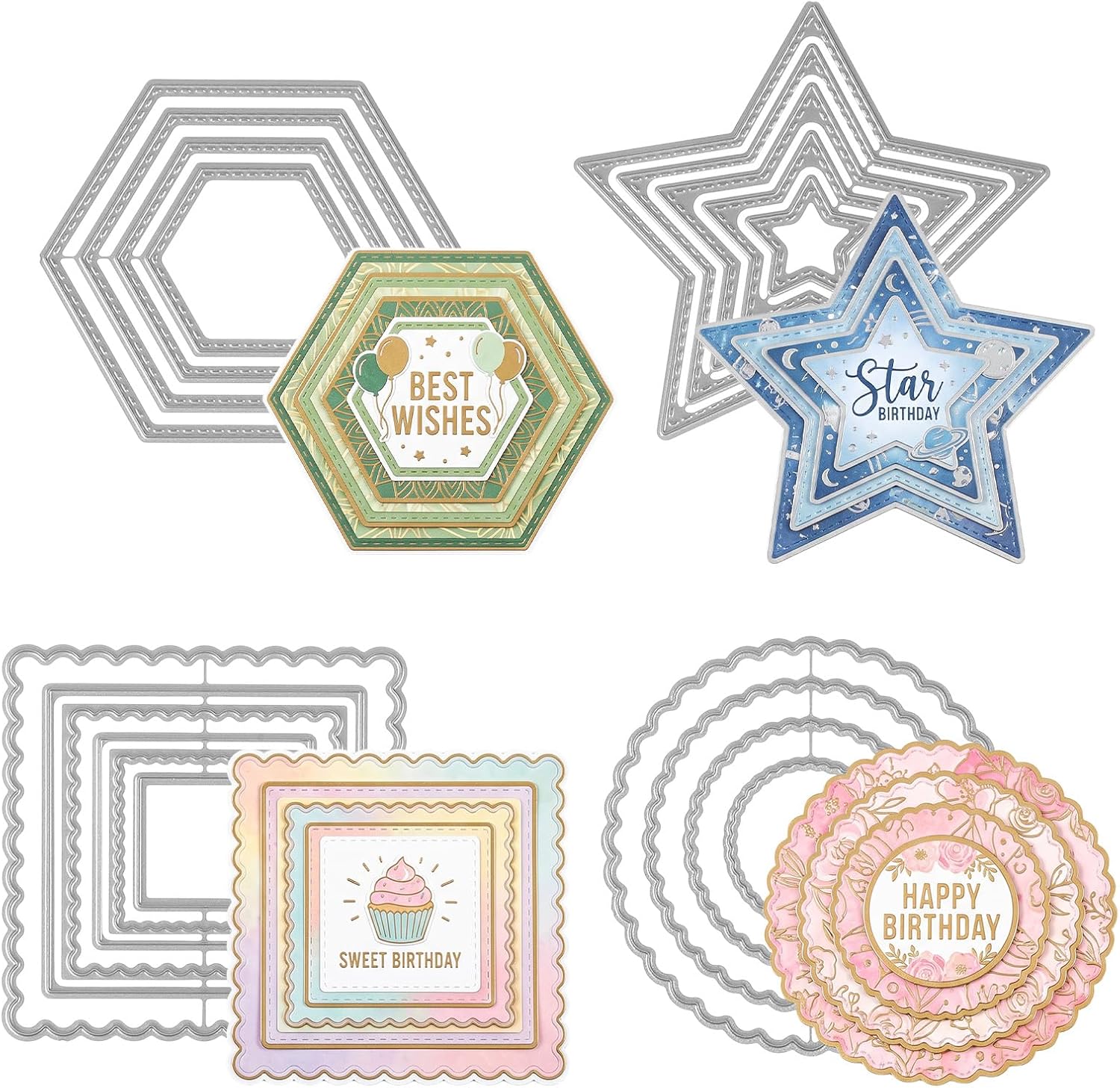 4 Sets Metal Cutting Dies, Assorted Shapes Carbon Steel Embossing Dies, DIY Etched Dies for Scrapbooking Card Making Paper Crafts, Geometric Stitched Nesting Dies