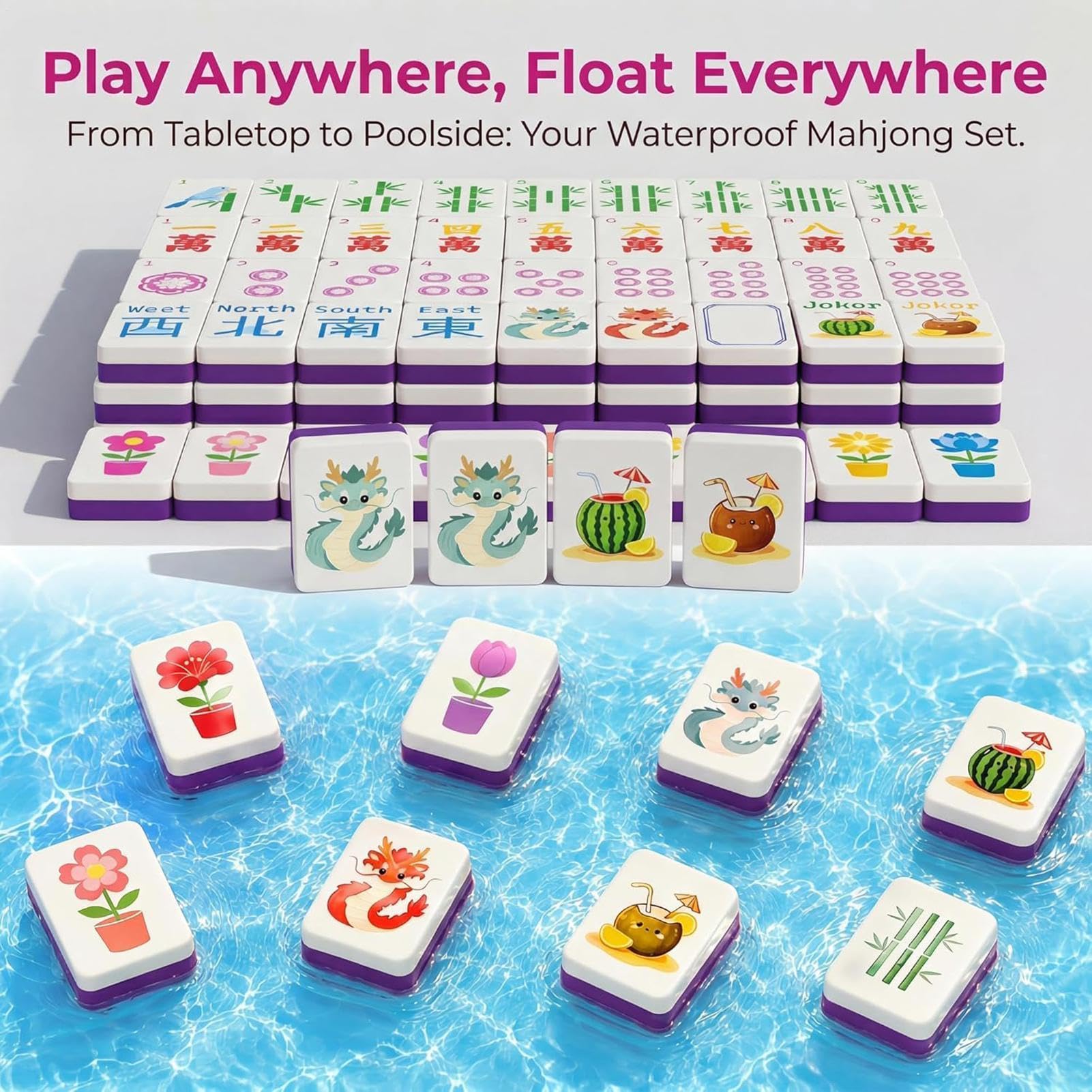 Mahjong Basenowy Interaktywny Zestaw Pływającej Gry Karcianej | Mini Zestaw Podróżny Mahjong Do Przyjęć Domowych, Spotkań, Plaży, Wakacji, Podróży, Ogrodu Oraz Na Świeżym