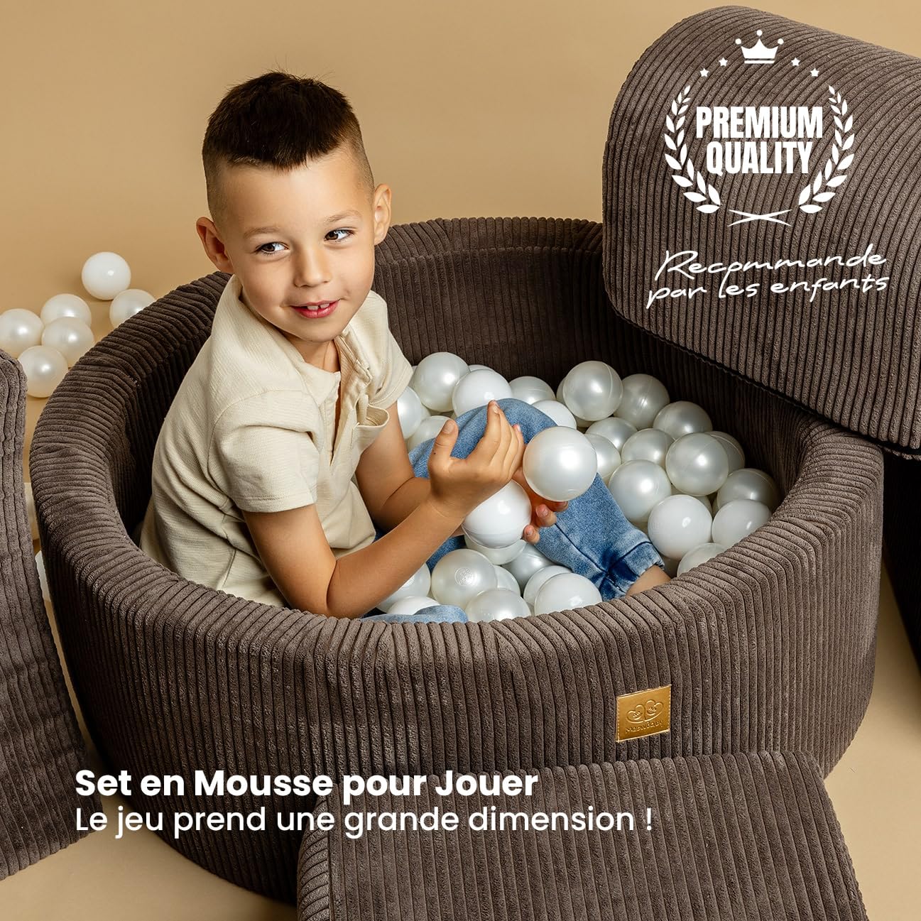 MEOWBABY Piscine à Balles et Parcours Motricité Enfant - 200 balles - Module motricité, Côtelé, Ecru