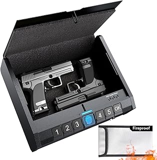 Gun Safe for Pistols - Biometric Safe for Handgun with Fireproof Document Bag, Quick-Access Gun Lock with Fingerprint Identification or Key Pad, Firearm Storage Home Bedside Nightstand Car