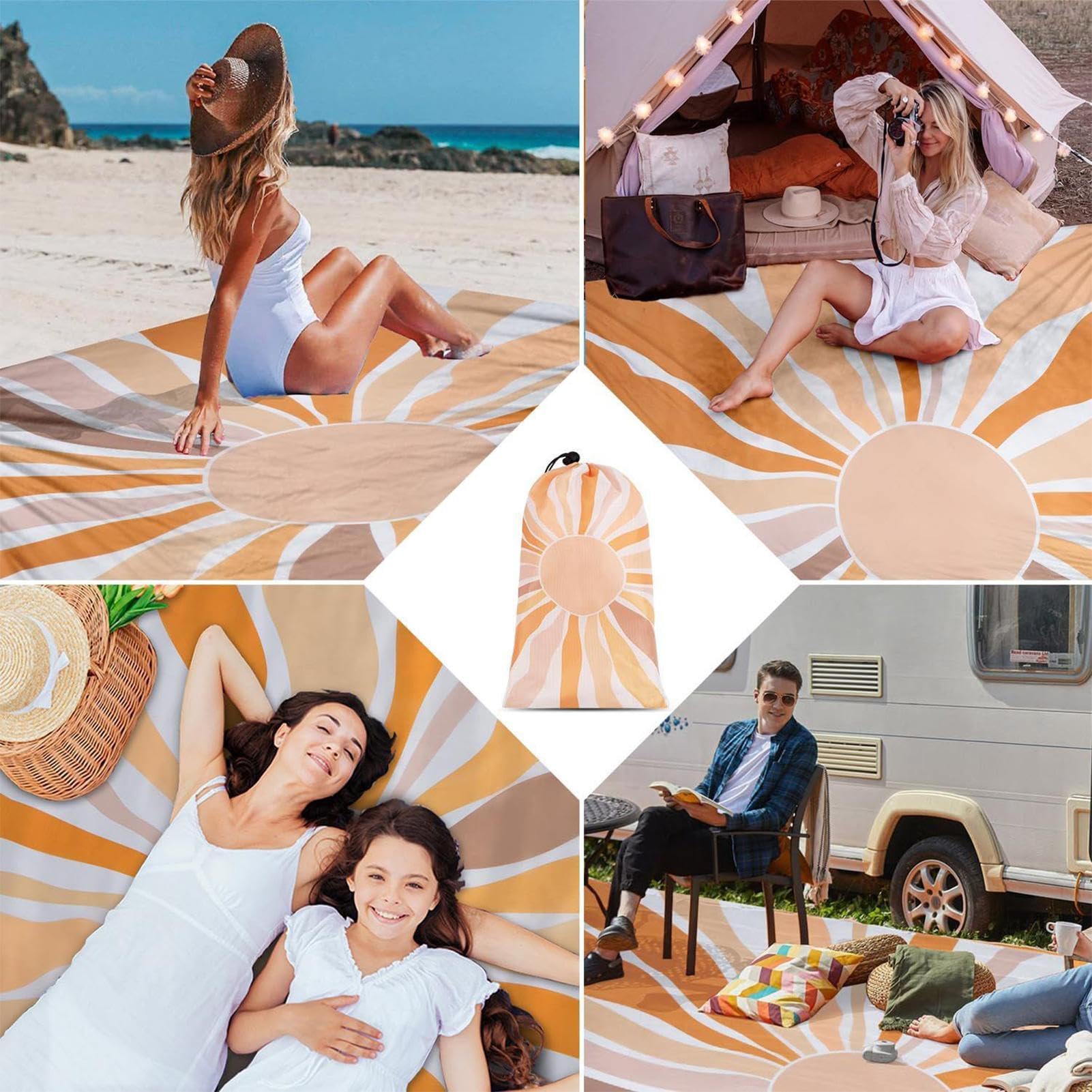 Tappetino da spiaggia extra large, 210 x 200 cm, telo da picnic impermeabile e resistente alla sabbia, portatile, ad asciugatura rapida, per campeggio, giardino e divertimento