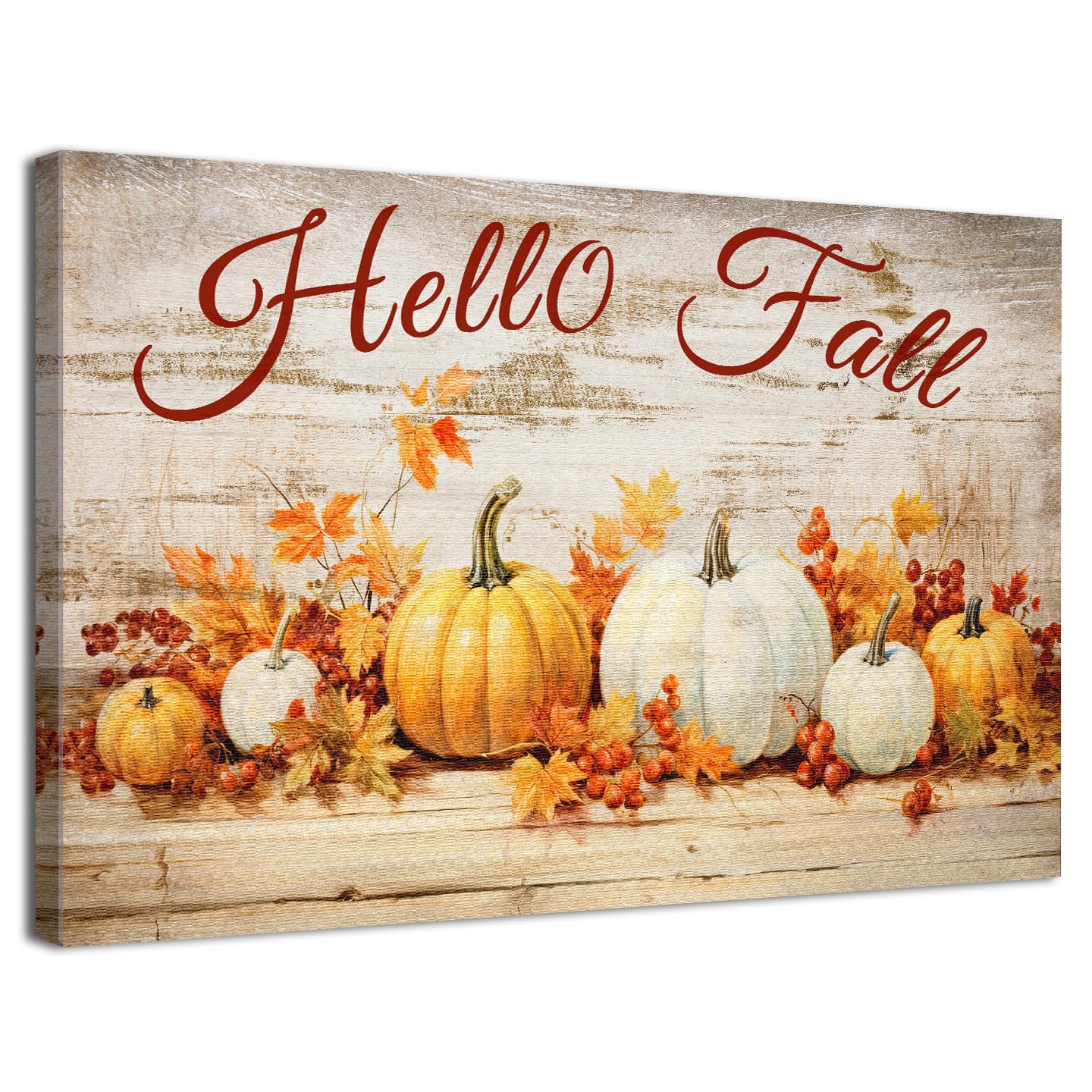 Rustic Pumpkin Wall Art Hello Fall Pictures Wall Decor for Kitchen Dinner Room Farmhouse Canvas Prints Watercolor Pumpkins Maple Leaves Autumn Fall Posters Halloween Artwork Home Decorations 12x16"