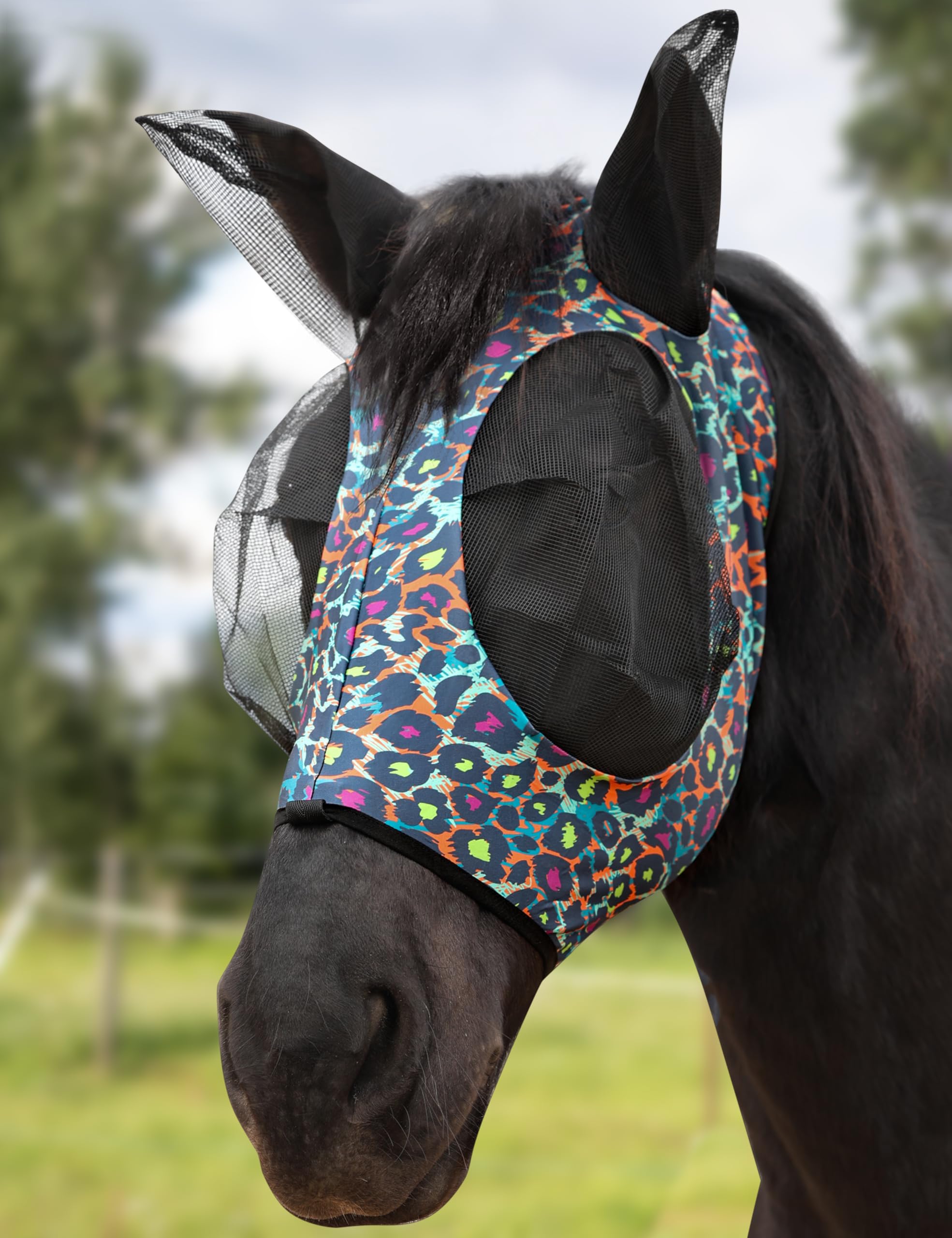 Harrison Howard Stretch Fly Mask with Forelock Opening and Patterns Comfortable Breathable Snug Fitting Horse Fly Mask Leopard M