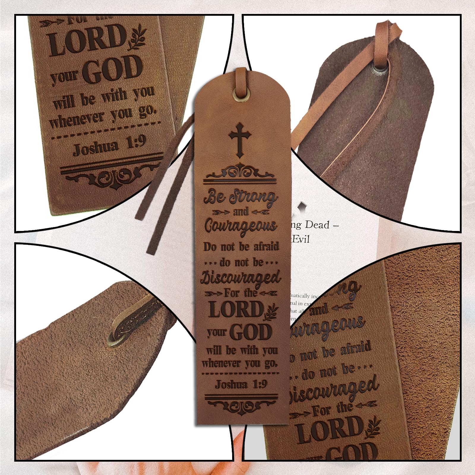 MAYJOYDIY 4Pcs Bible Leather Bookmarks for Women Men 2×7inch Be Strong Book Page Markers with Inspirational Bible Verse Handmade Leather Bookmark for Book Lovers Readers Writers Gifts - Image 4