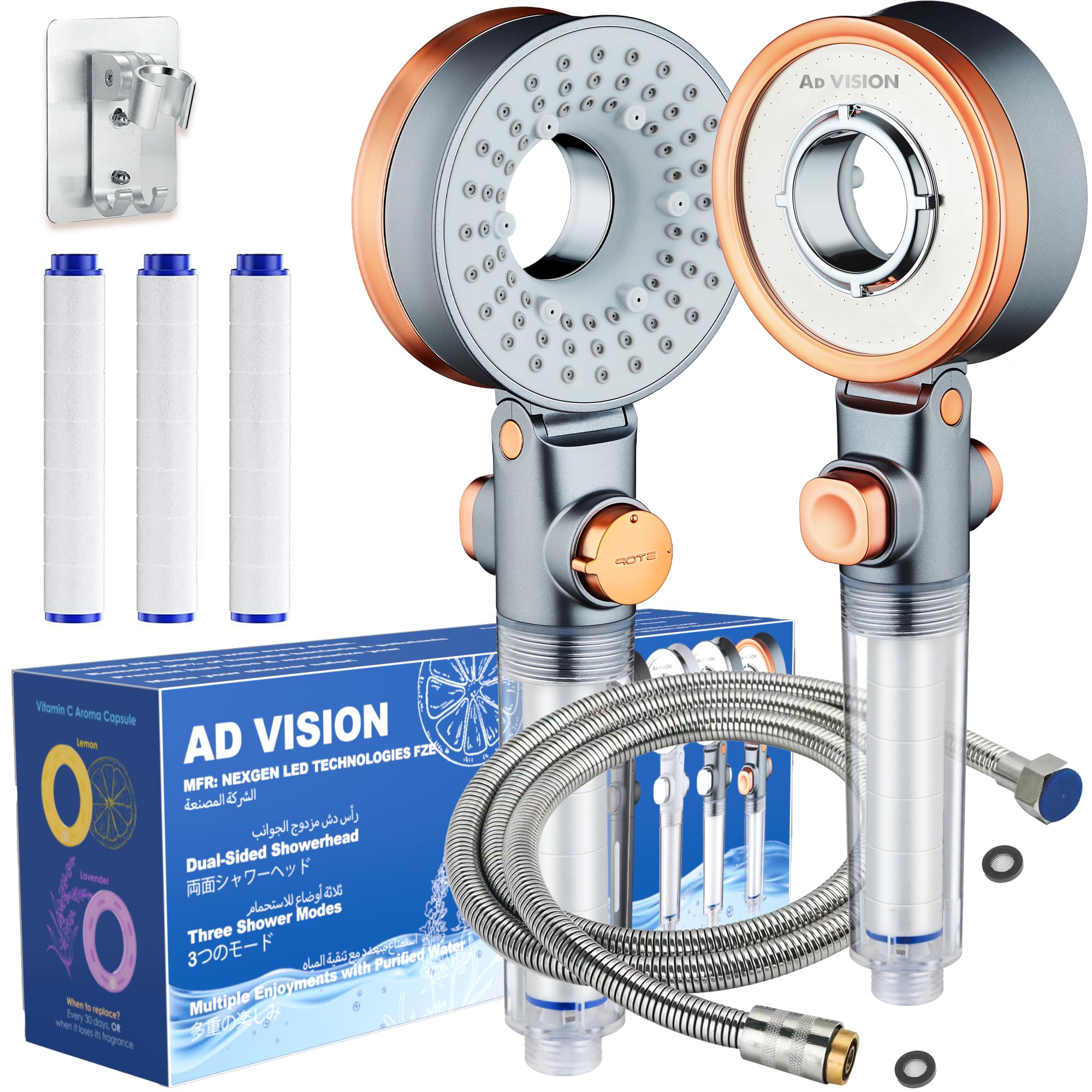 AD-VISION SGS Filtered High Pressure Shower Head | Removes Chlorine, For Hard Water & Hair Loss | 3 Modes with Adj. Flow Pause | Double Sided (All-in-One Upgrade Kit - Rose Gold)