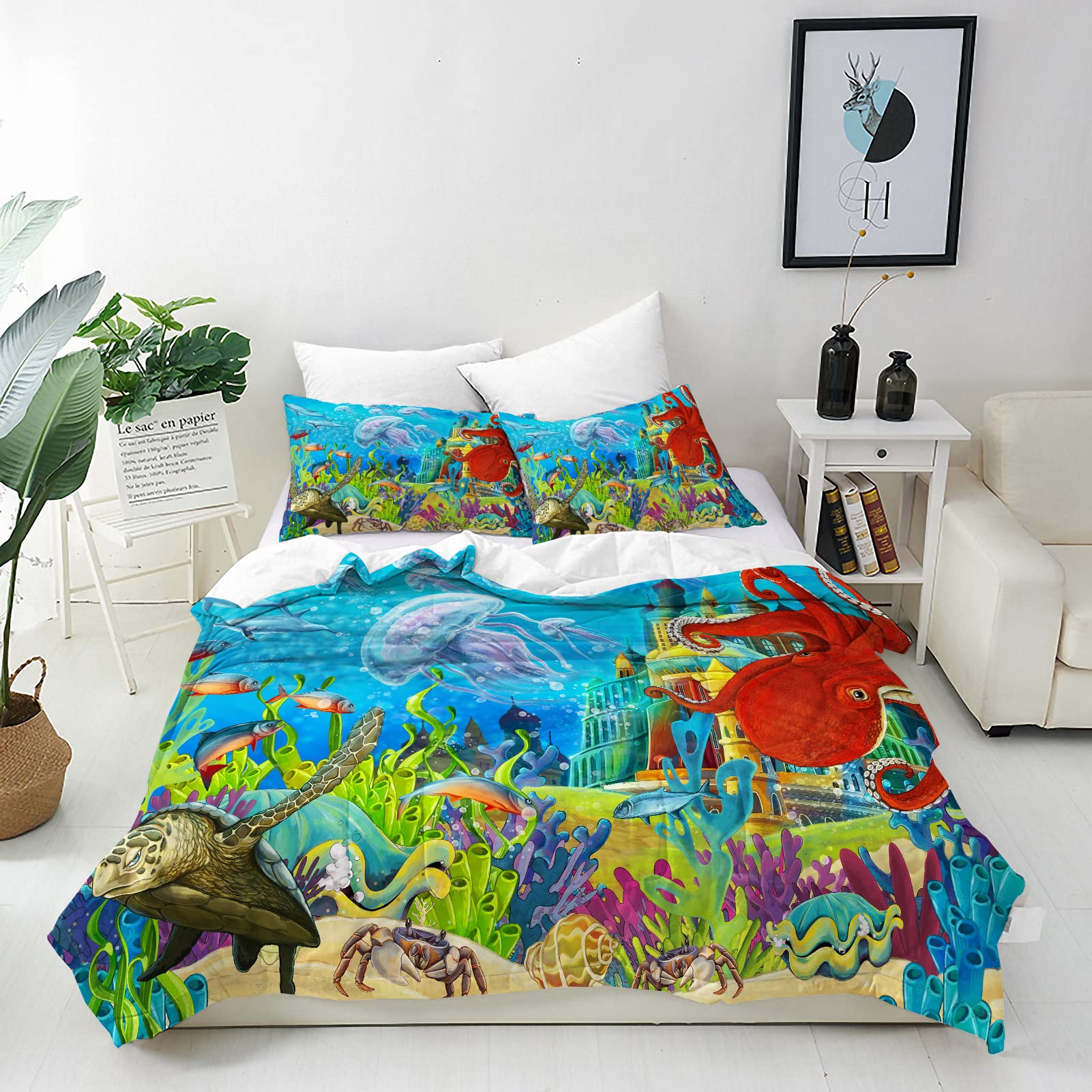 ANHOPE Ocean Duvet Cover Set Soft Comforter Cover Underwater Castle Octopus Turtle Print Pattern 3 Piece Bedding Set with Pillowcase All Season Quilt Cover with Zipper for Kids Adults Double — image 1
