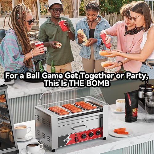 Miniatura 2 de CROSSON Hot Dog 7 Roller con calentador de bollo y protector transparente de estornudos, 7 antiadherente 304 rodillo parrilla cocina máquina