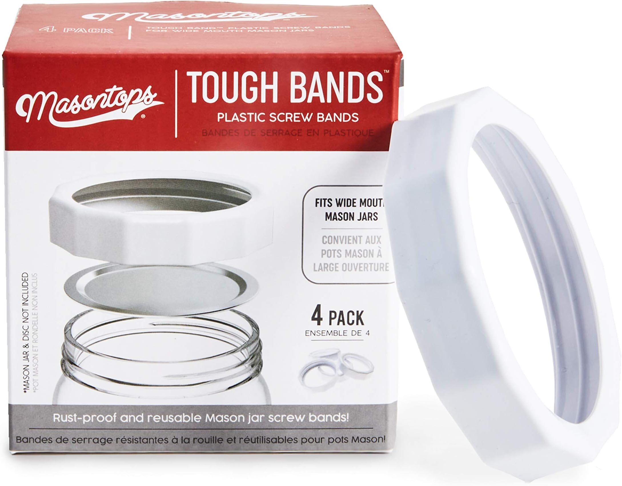 Masontops Tough Band - Wide Mouth Mason Jar Screw Bands - Quality Plastic Replacement Ring Seals & Jar Covers