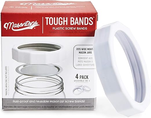 Masontops Tough Band - Wide Mouth Mason Jar Screw Bands - Quality Plastic Replacement Ring Seals & Jar Covers
