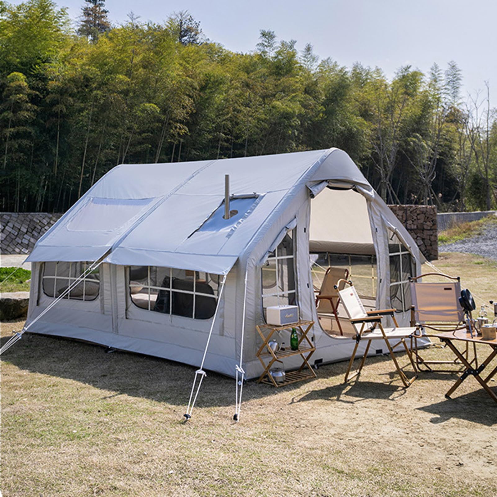 Tente De Camping Gonflable avec Ouverture De Cheminée, Tente Gonflable, Grande Tentes Extérieure Imperméables avec Pompe À Air pour 6-8 Personnes, Tentes Camping Familiale, Protection UPF 50+