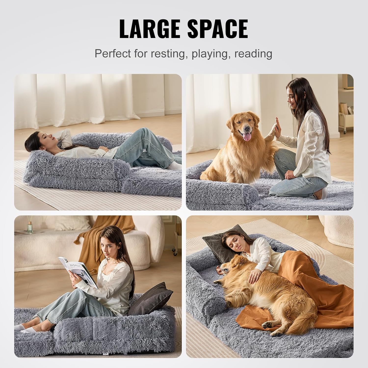 VEVOR Foldable Human Sized Dog Bed, 72"x48"x10" Giant for Adults and Pets, Human Dog Bed with Washable PV Velvet Cover, Egg Orthopedic Foam, Storage Pocket, Grey