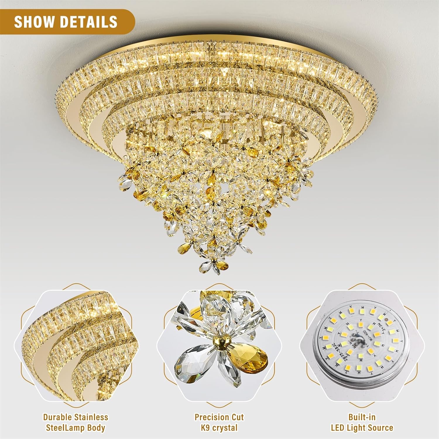 30 inch Flush Mount Crystal Chandeliers, Gold LED Ceiling Light with Remote and APP Control, 3CCT Dimmable, Modern Elegant Raindrop Chandelier Light Fixture for Bedroom Living Room Entryway Foyer