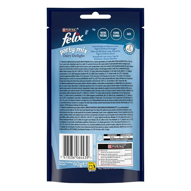 Foto 6 de 6 de Purina Felix Party Mix Dairy Delight, Snack, premio para Gato con Leche, Yogurt y Queso, 8 bolsas de 60g