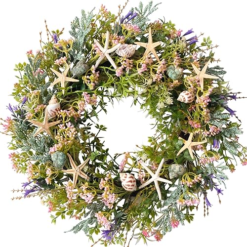 22 Inch Summer Wreath Artificial Coastal Starfish Conch Front Door
