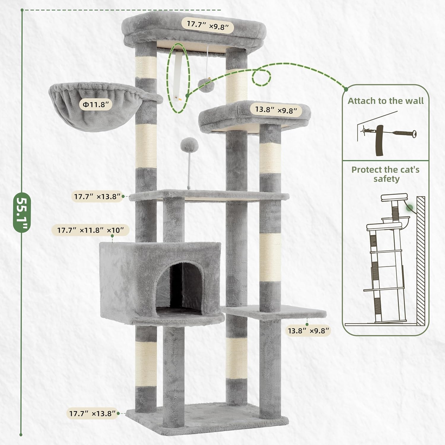Cat Tree, Cat Tower for Lar Cats Big Platforms, 2 Baskets,