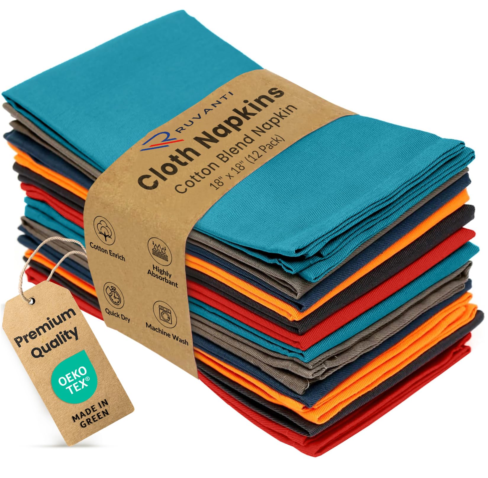 Ruvanti Cloth Napkins Set of 12, 18x18 Inches Napkins Cloth Washable, Soft, Durable, Absorbent, Cotton Blend. Table Dinner Napkins Cloth for Hotel, Christmas, Dinner, Parties - Multi Color