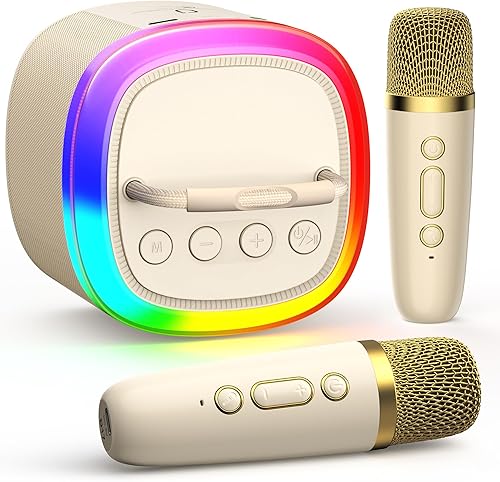 HWWR Mini máquina de karaoke para niños altavoz portátil de karaoke Bluetooth con 2 micrófonos inalámbricos y luces de discoteca - Juguetes ideales