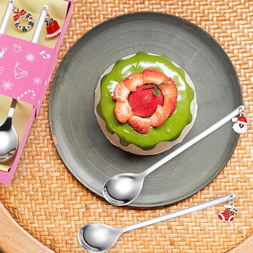 Miniatura 8 de Cucharas de postre, cubiertos plateados de acero inoxidable de Navidad, 6 piezas con caja de regalo de Navidad, perfectos para fiestas de café y