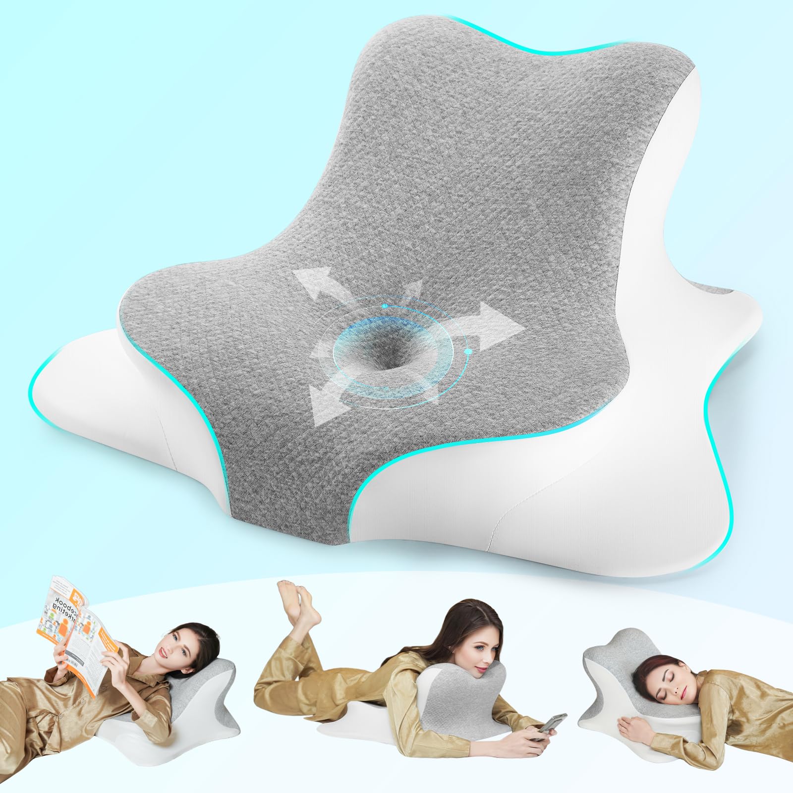 Almohada cervical, almohada de espuma viscoelástica, almohada ortopédica, almohada ergonómica, adecuada para dormir de lado, de espalda y boca abajo (gris)