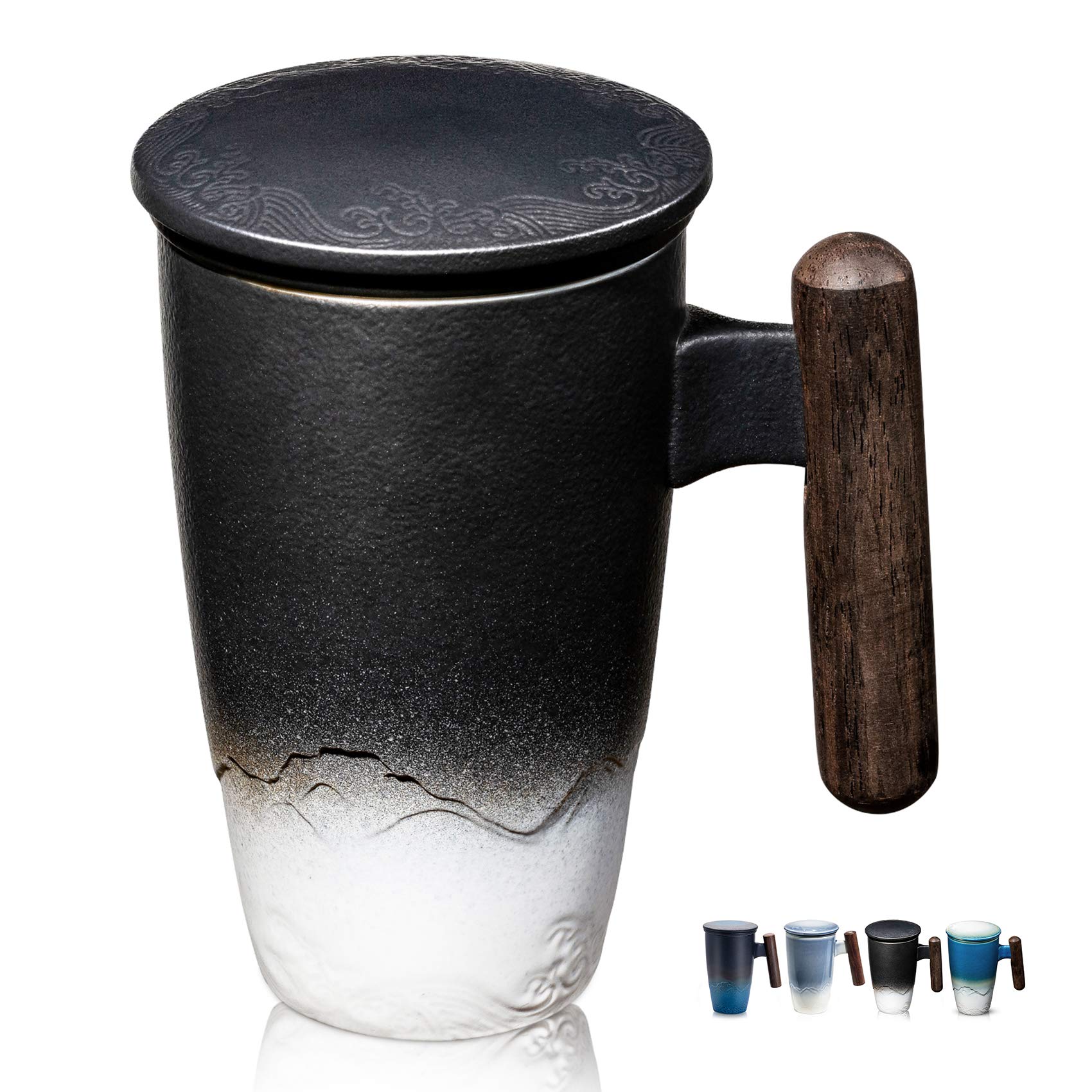 suyikaTomotime Ceramic Tea Cup with Infuser and Lid Tea Mugs Wooden Handle 400ml/13.5oz Black