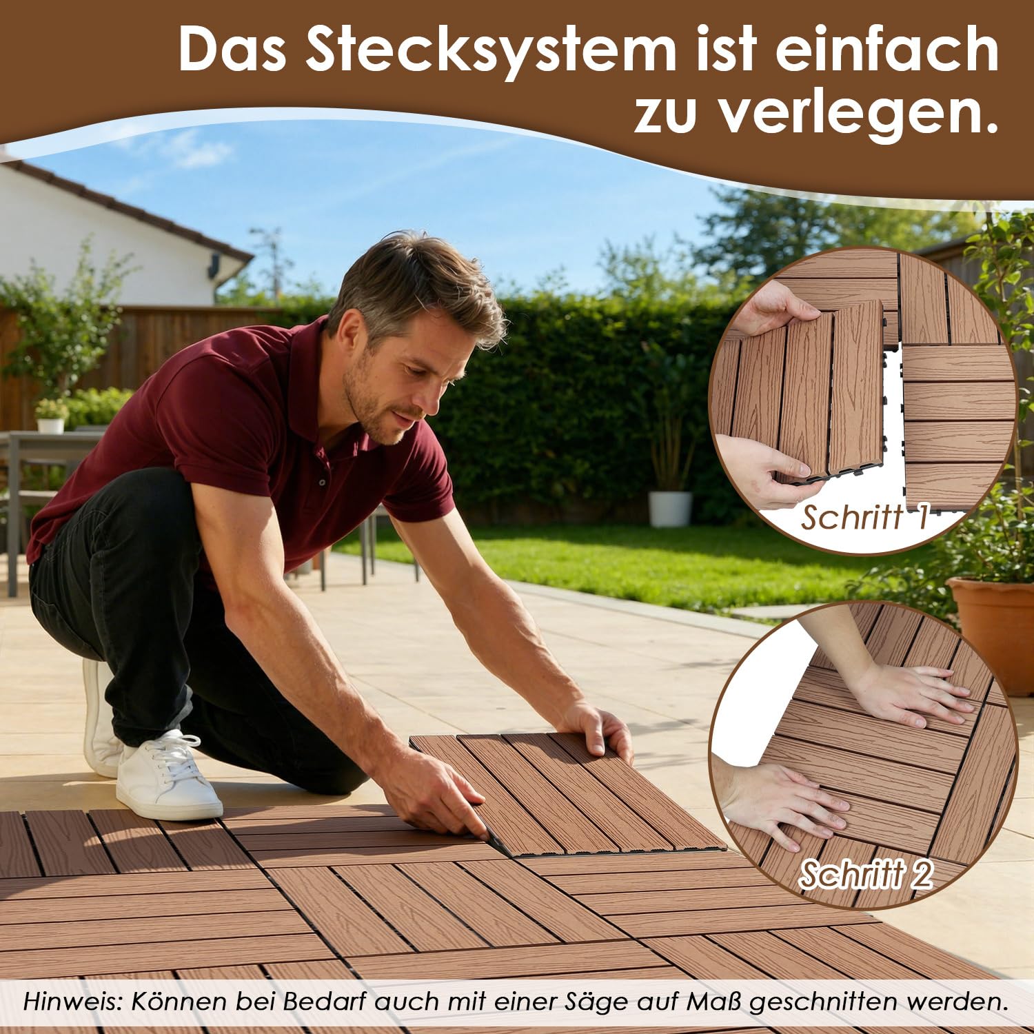 Piastrelle in WPC, 30 x 30 cm, effetto legno, set da 33 pezzi, per 3 m², per balcone con drenaggio, impermeabile e antiscivolo, marrone