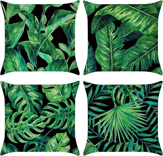 Bonhause Tropical Leaves Cushion Covers 45cm x 45cm Green Leaf Decorative Throw Pillow Covers Polyester Linen Pillowcases for Sofa Couch Outdoor Home Decor Set of 4